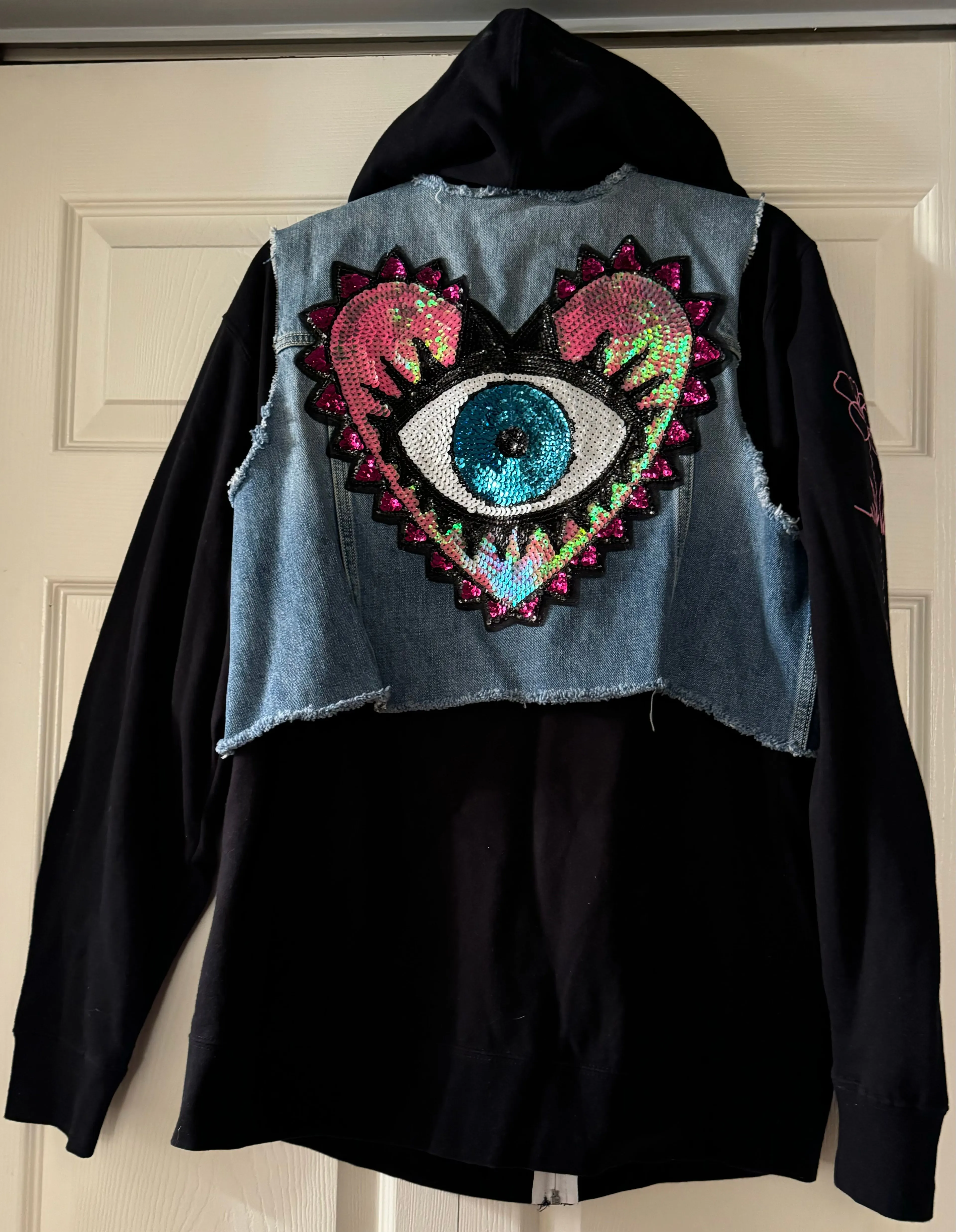 Product image for Evil Eye Hoodie Denim Jacket Upcycled Rework Embellished Size XL