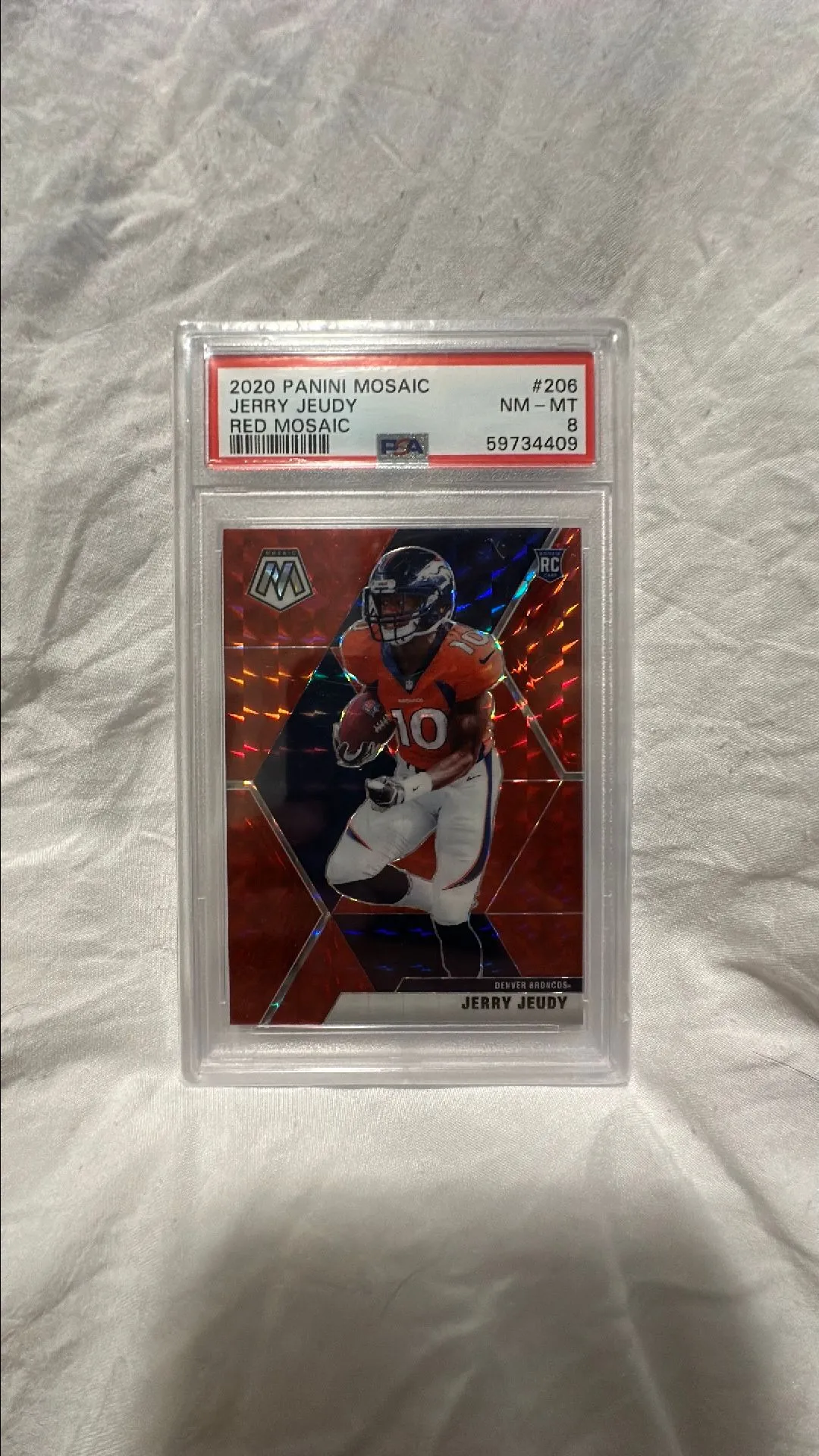Product image for 2020 Panini Mosaic Jerry Jeudy 206 Red Mosaic PSA NM-MT 8