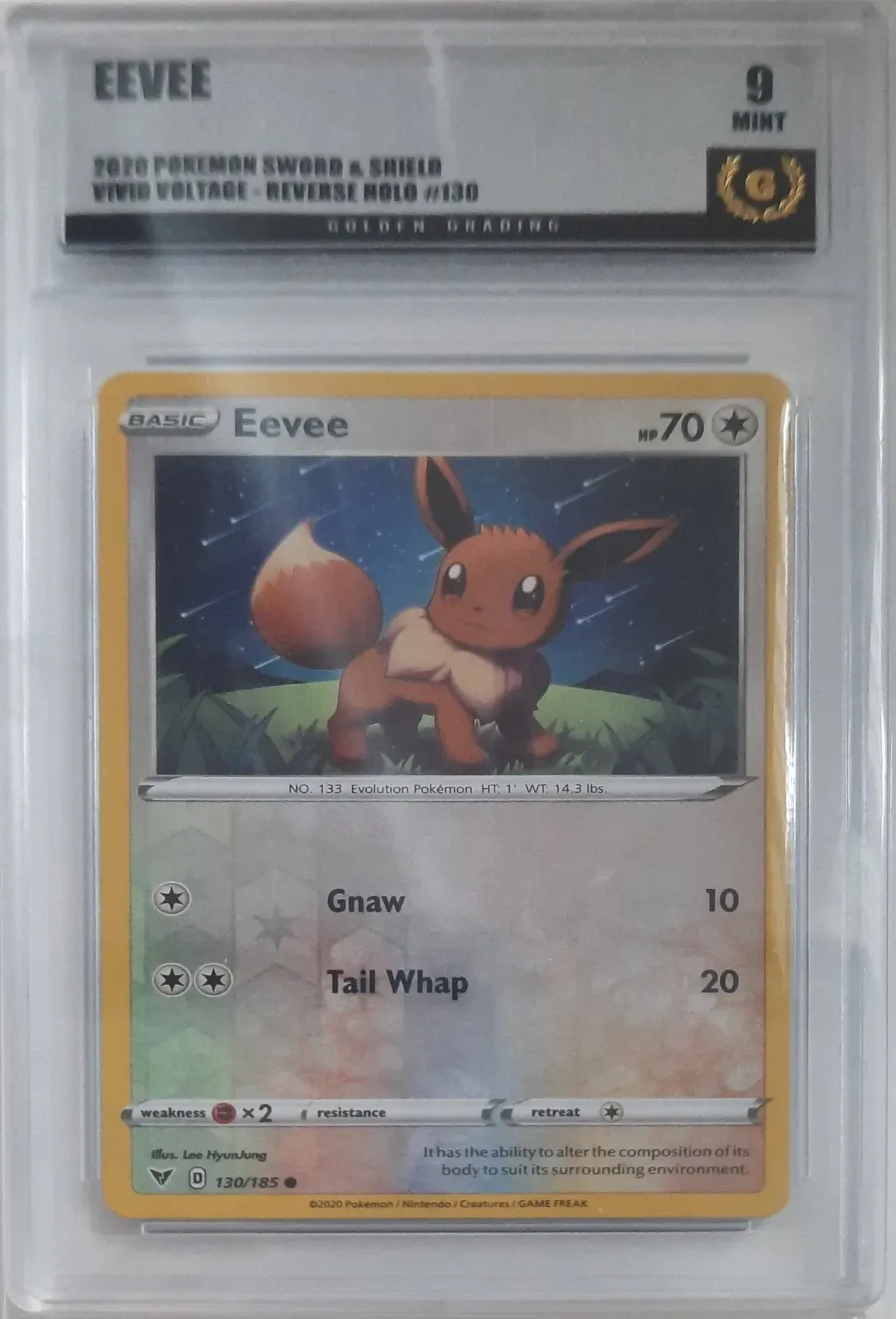 Product image for Eevee 2020 Pokemon Sword & Shield Vivid Voltage #130 130/185 Reverse Holo Golden Grading (GG) 9 Mint