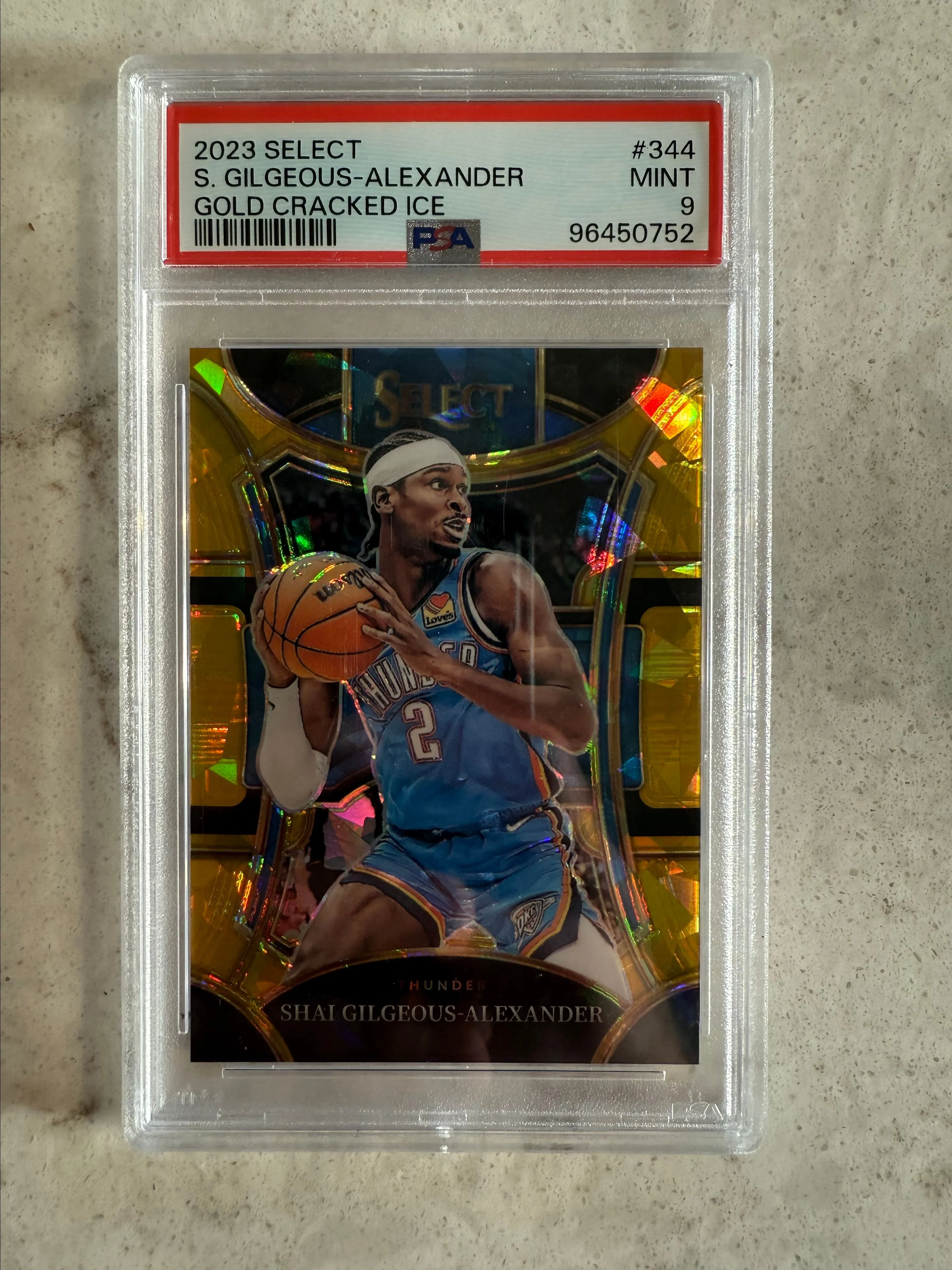 Product image for 2023 Panini Select S. Gilgeous-Alexander 344 Gold Cracked Ice PSA MINT 9
