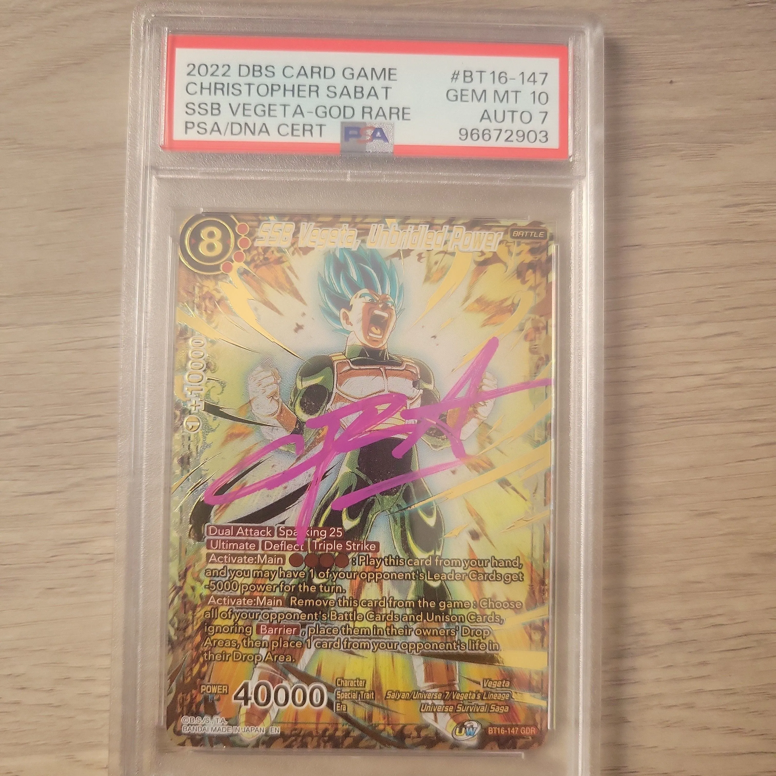 Product image for 2022 Dragon Ball Super Card Game Series 16 Realm Of The Gods Ssb Vegeta, Unbrd Pwr Ssb Vegeta-God Rare PSA GEM MT 10