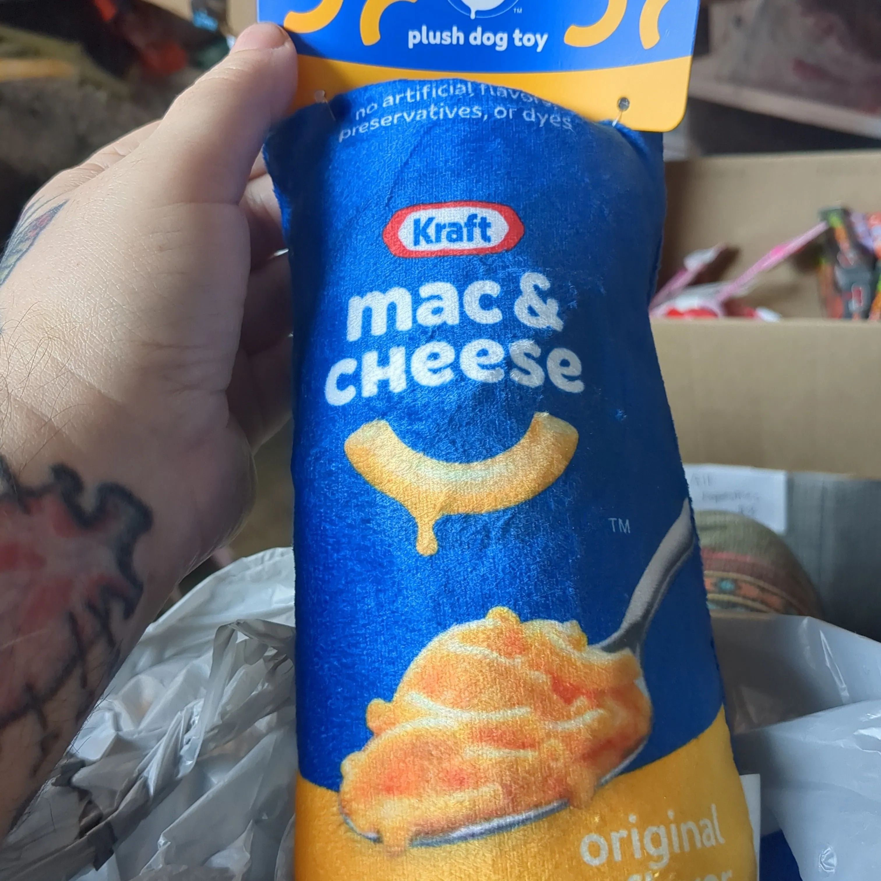 Product image for miscellaneous Kraft Mac & cheese crinkle plush dog toy 