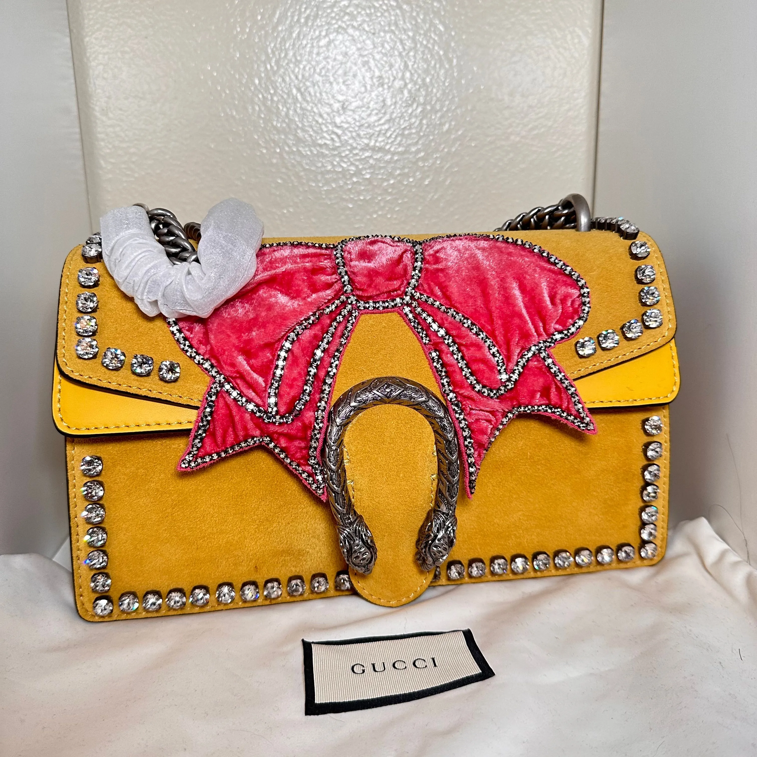 Product image for Gucci Suede Crystal Bow Embroidered Small Dionysus Shoulder Bag 