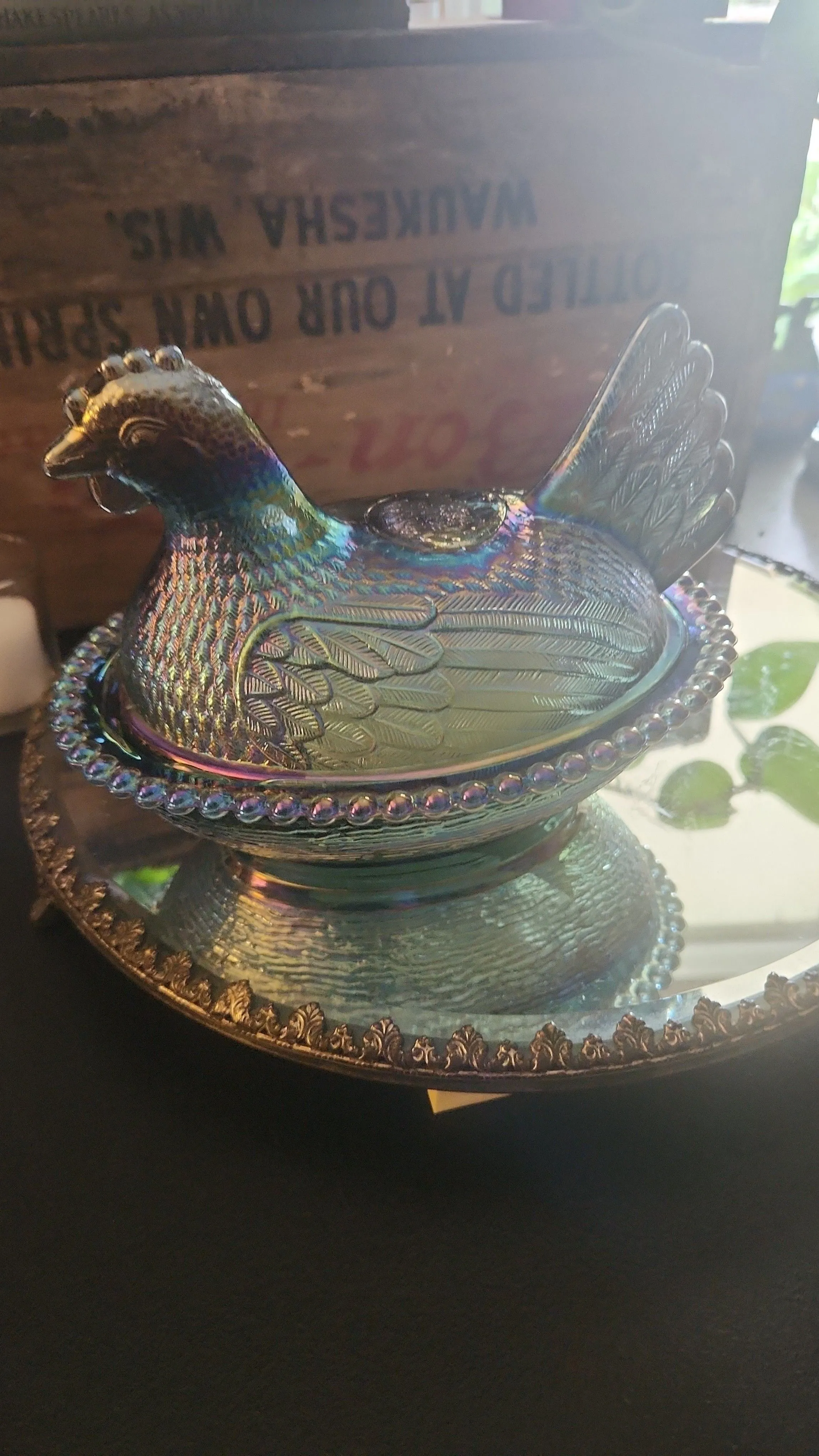 Product image for Vintage Indiana Glass iridescent Blue Hen on a Nest.