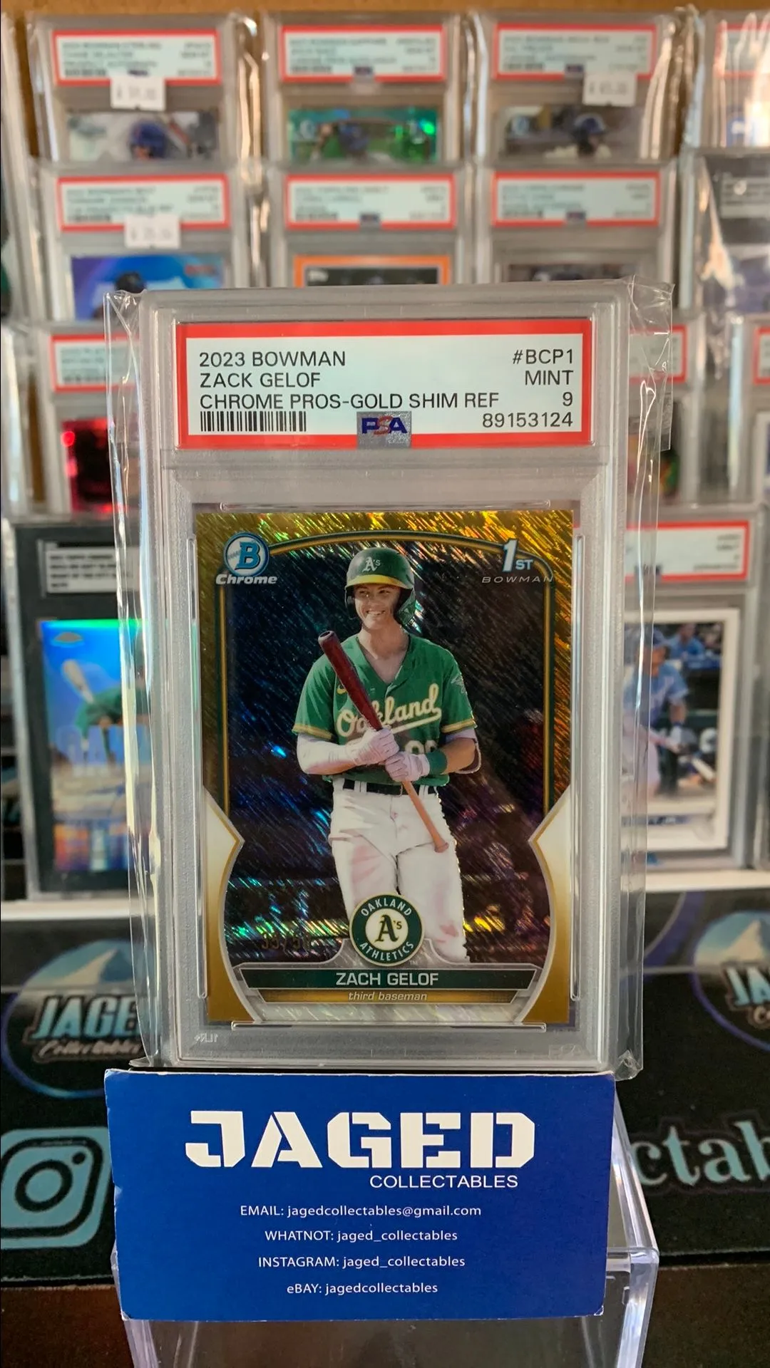 Product image for 2023 Bowman Chrome Prospects Zack Gelof BCP1 Chrome Pros-Gold Shimmer PSA MINT 9