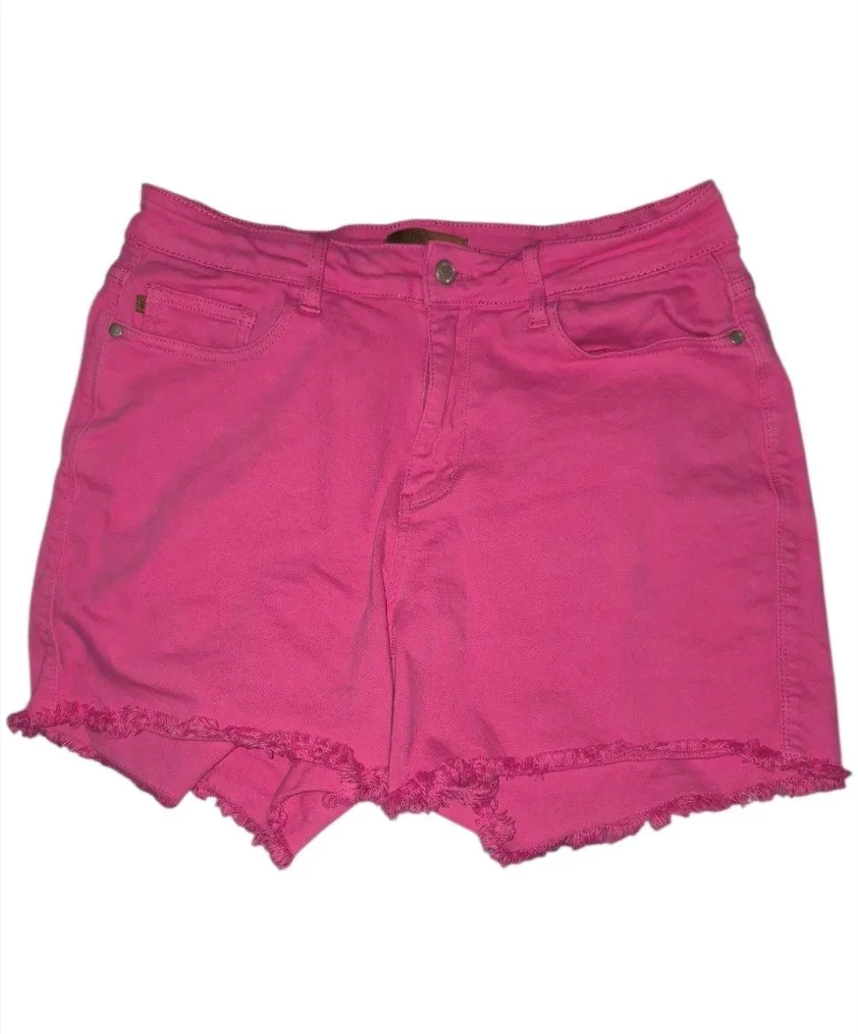 Product image for Judy Blue Mid Rise Jean Shorts 1XL Frayed Raw Hem Hot Pink Garment Dyed Stretchy