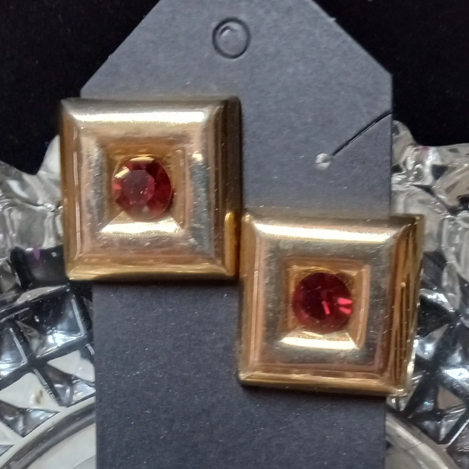 Product image for Gold toned squares with red rhinestones