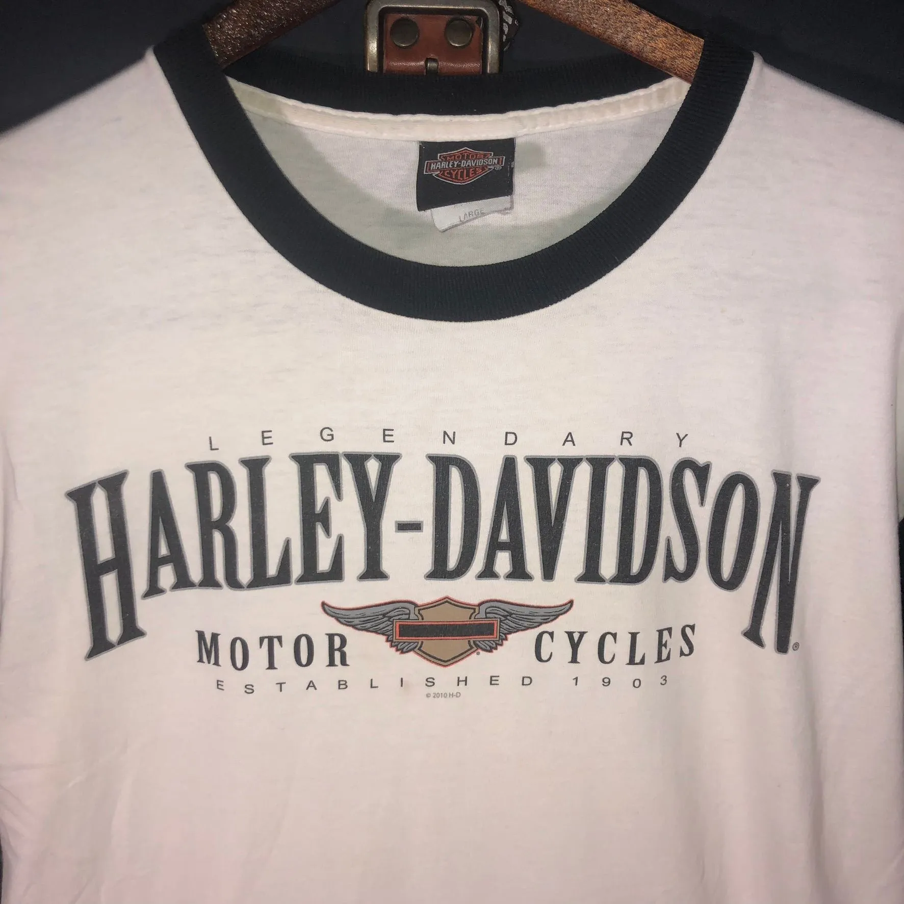 Product image for Harley Davidson Biketown Youngstown Ohio USA Graphic Two Tone Shirt Size Large