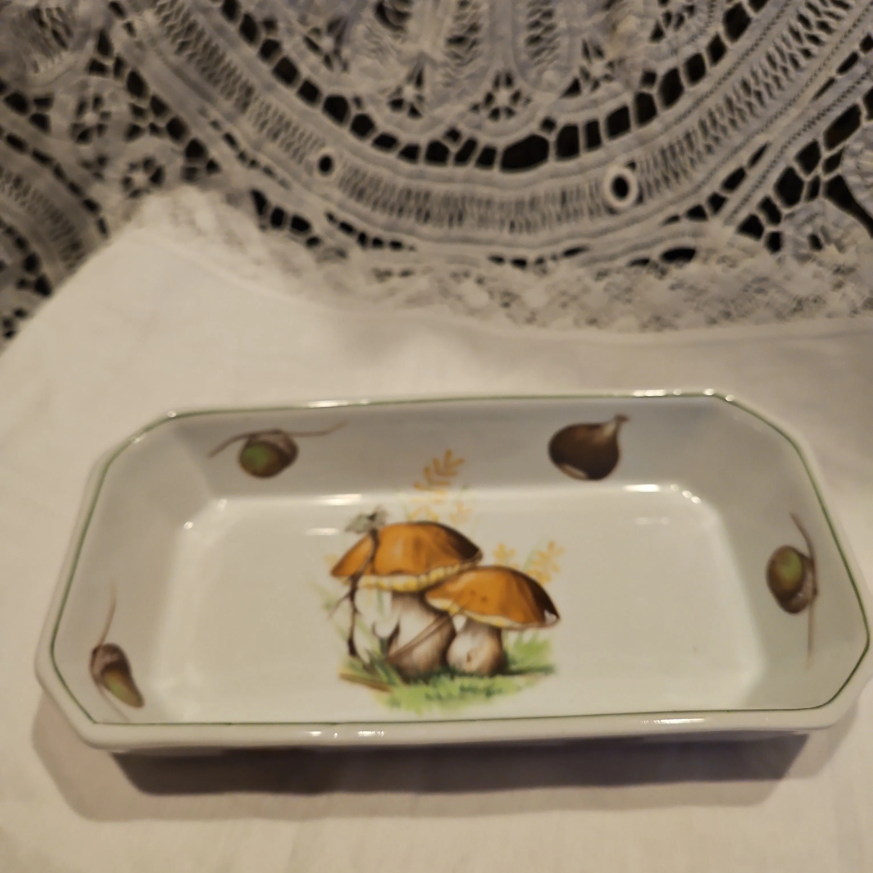 Product image for Vintage Mushroom fire proof Porcelain LLourioux “Le Faune” 8 1/2”x 4 1/2” Oval Baking Dish