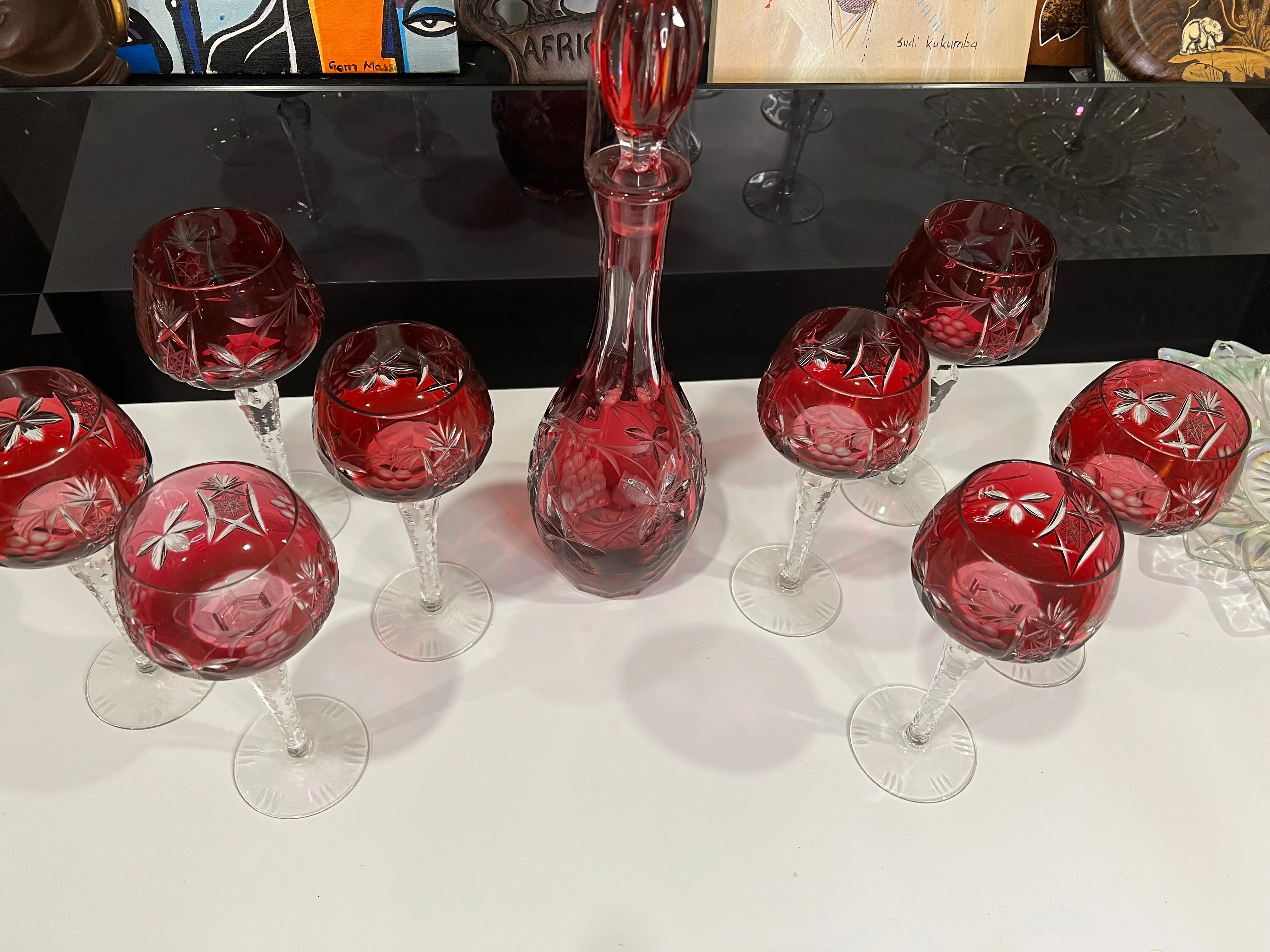 Product image for ! Cranberry Red Cut to Clear Crystal Glass Decanter set