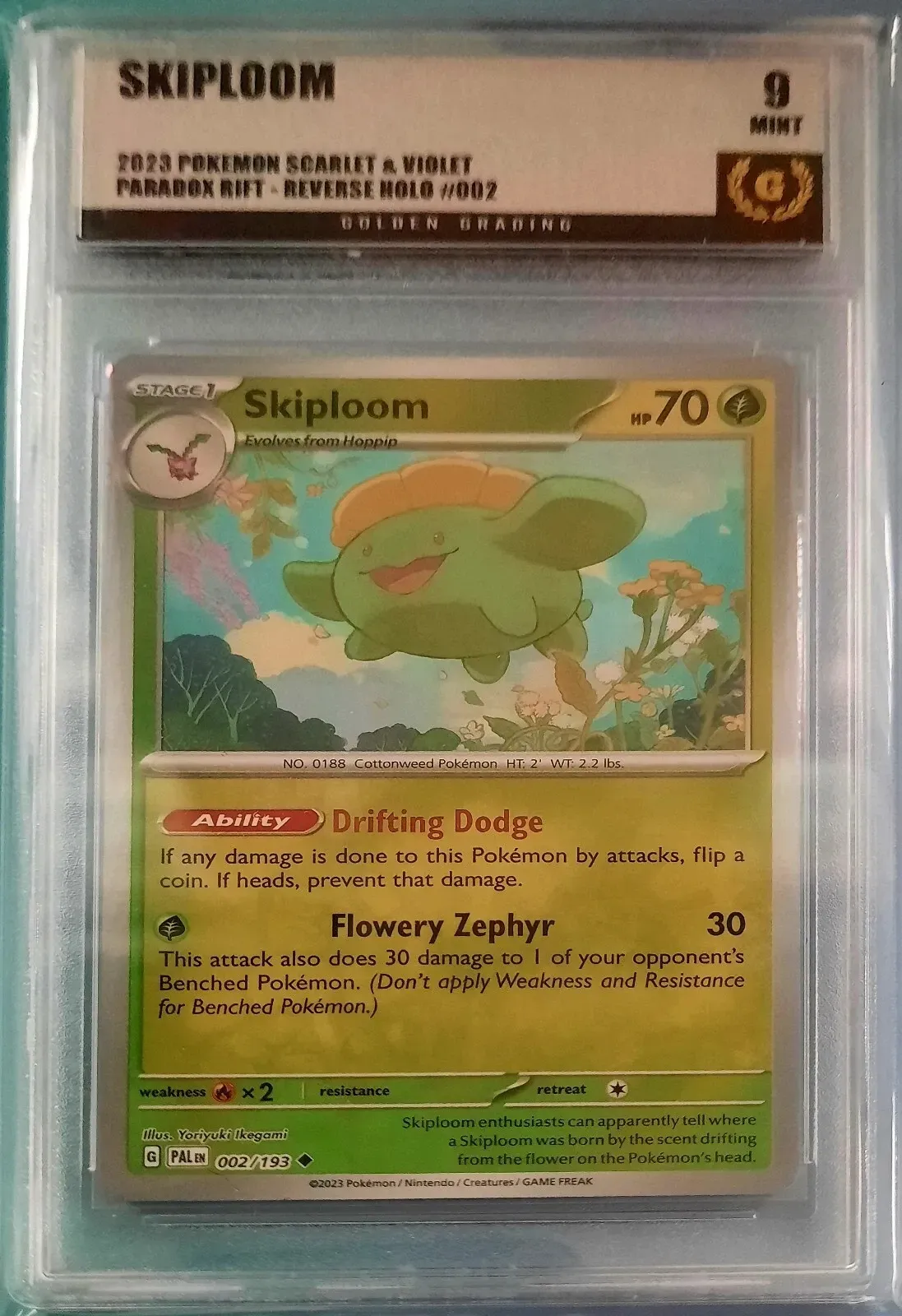 Product image for Skiploom 2023 Pokemon Scarlet & Violet EN Paldea Evolved 002/193 Reverse Holo Golden Grading (GG) 9 Mint