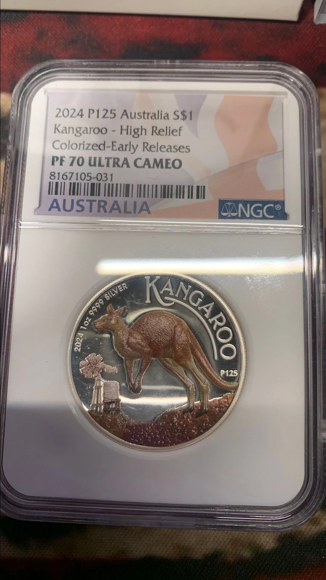 Product image for 2024 P125 $1 PROOF AUSTRALIA 1 OZ COLORIZED SILVER HIGH RELIEF KANGAROO NGC PF70 UC ER AUSTRALIA FLA