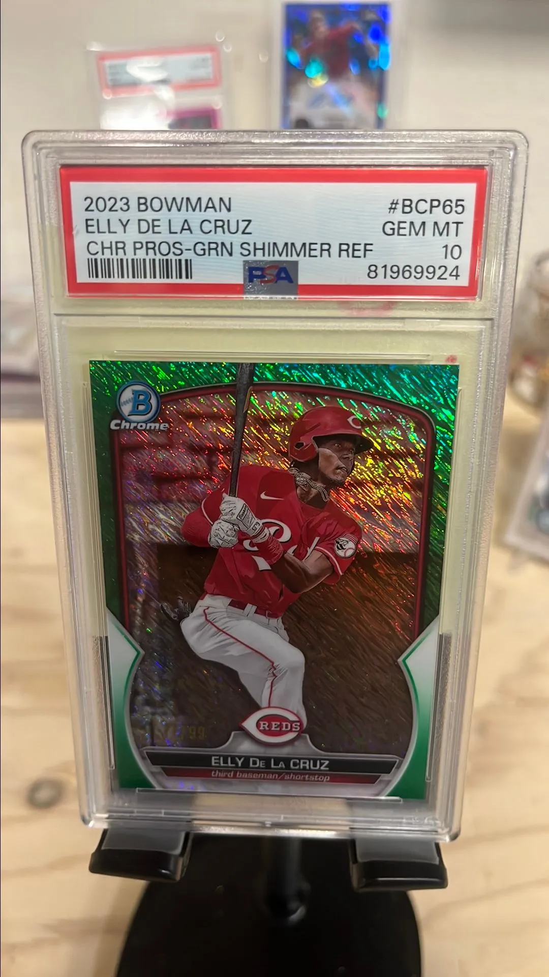 Product image for 2023 Bowman Chrome Prospects Elly De La Cruz BCP65 Chr Pros-Grn Shimmer Ref PSA GEM MT 10