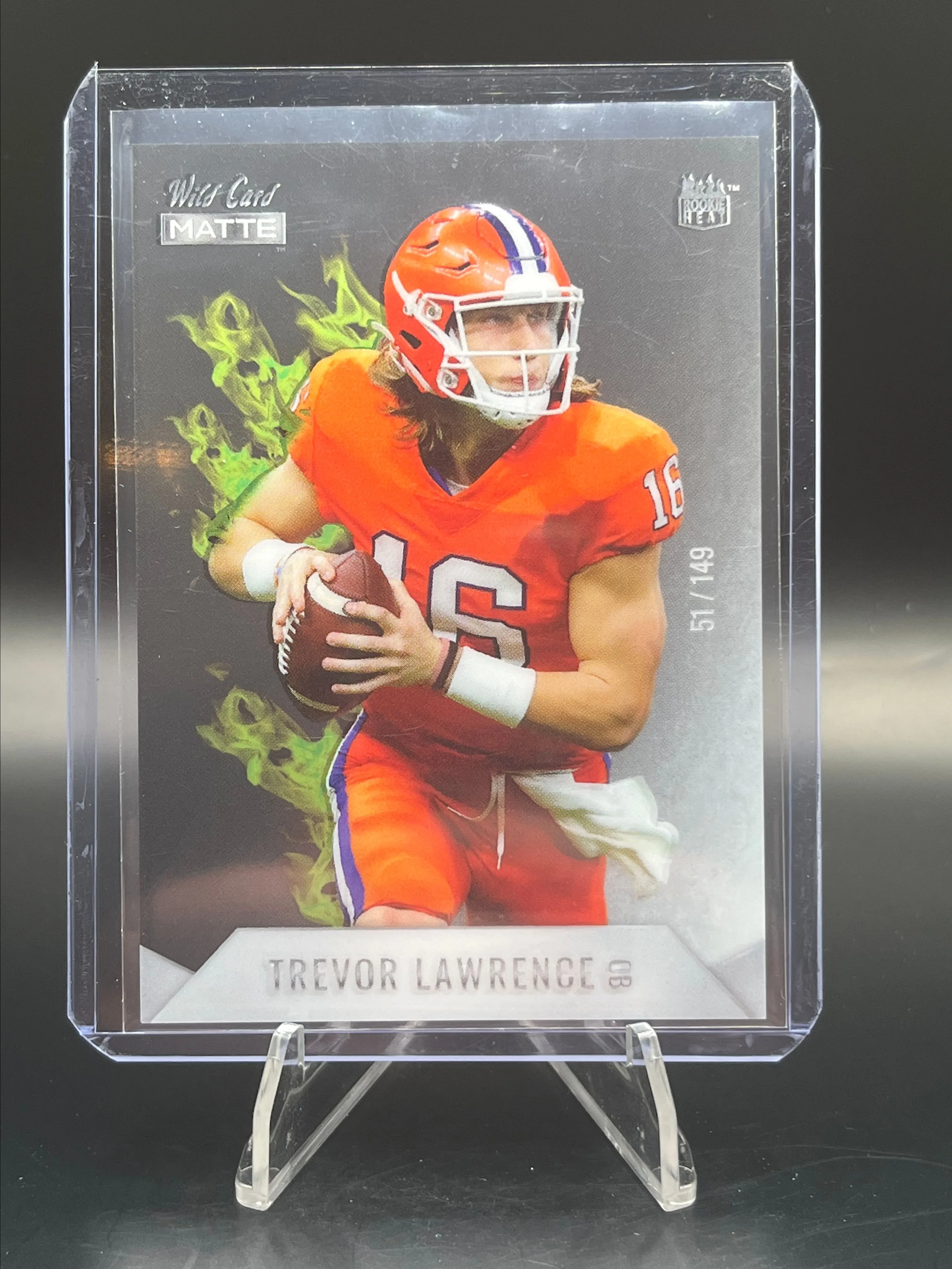 Product image for 51/149 Trevor Lawrence QB 2021 Wild Card Matte Rookie Heat Green Flames RC