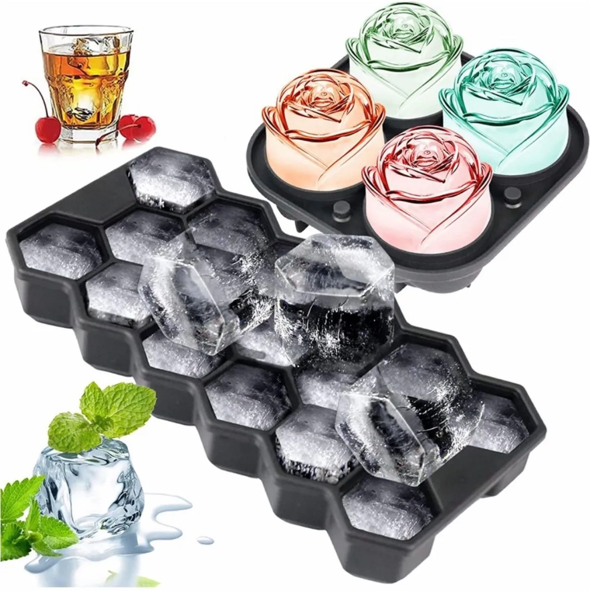 Product image for Large Rose Ice Mold & Hexagon Ice Tray Silicone Rubber Tray For Cocktails Juice