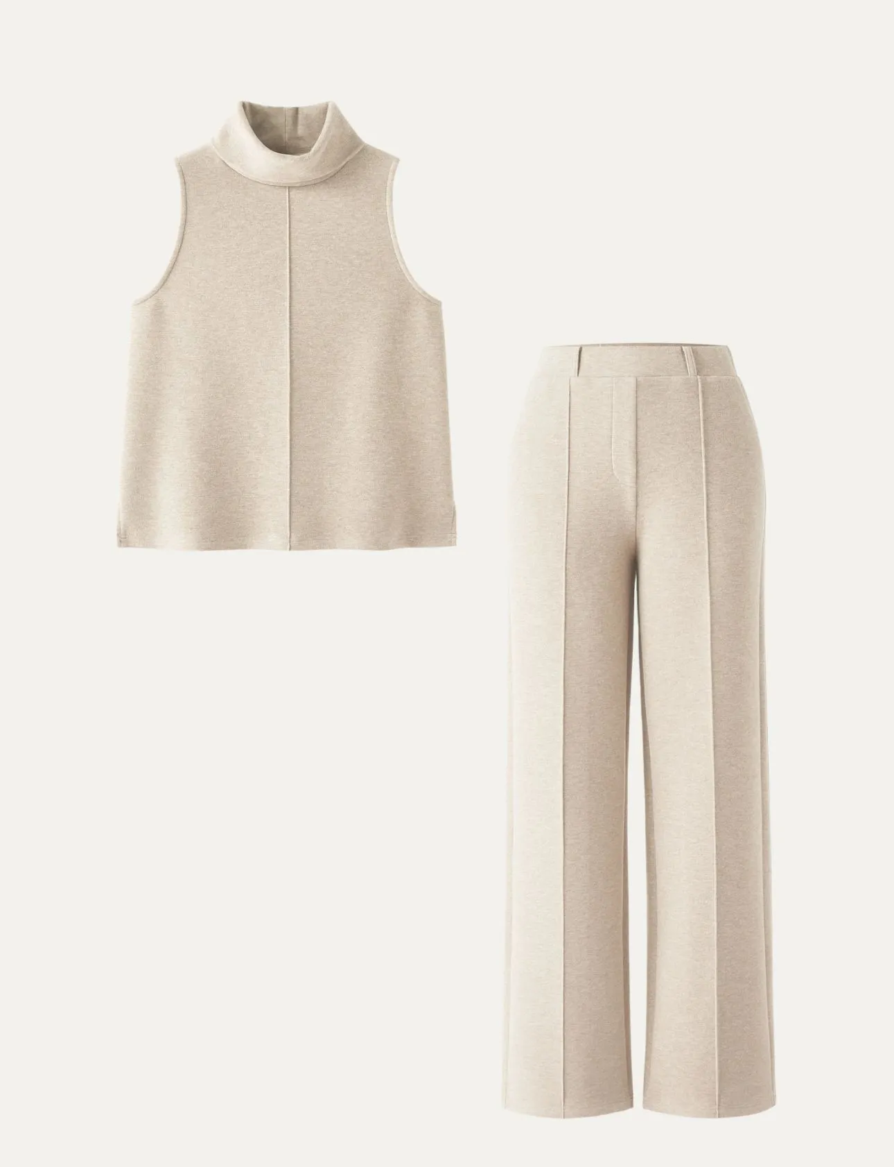 Product image for FuzzLuxe 2Pcs Set Split Hem Top & High Waisted Straight Leg Pant Color: Heather Beige