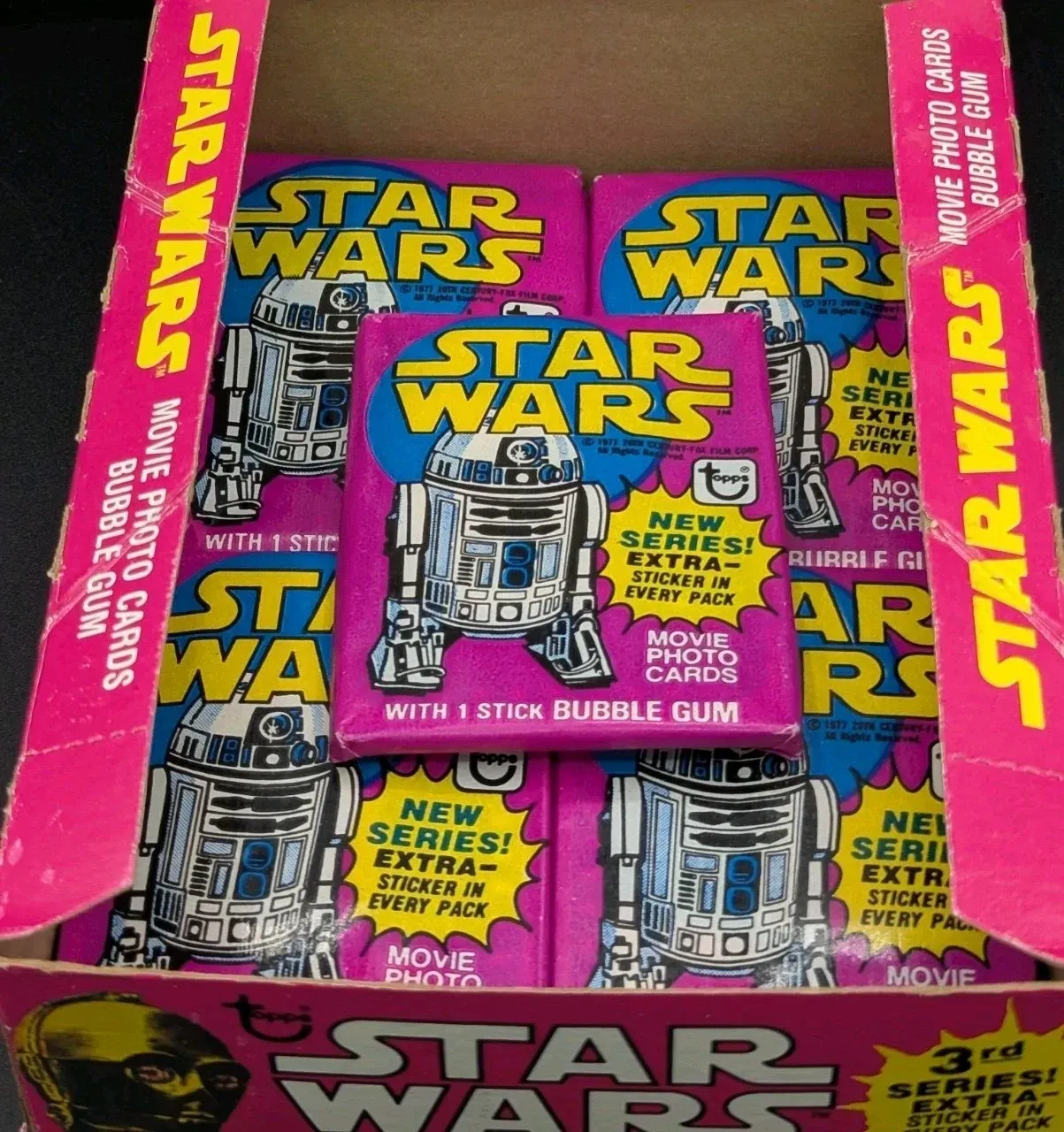 Product image for 1977 VINTAGE  Series 3 R2D2 Artwork YELLOW BORDER SEALED WAX PACK  RIP or SHIP