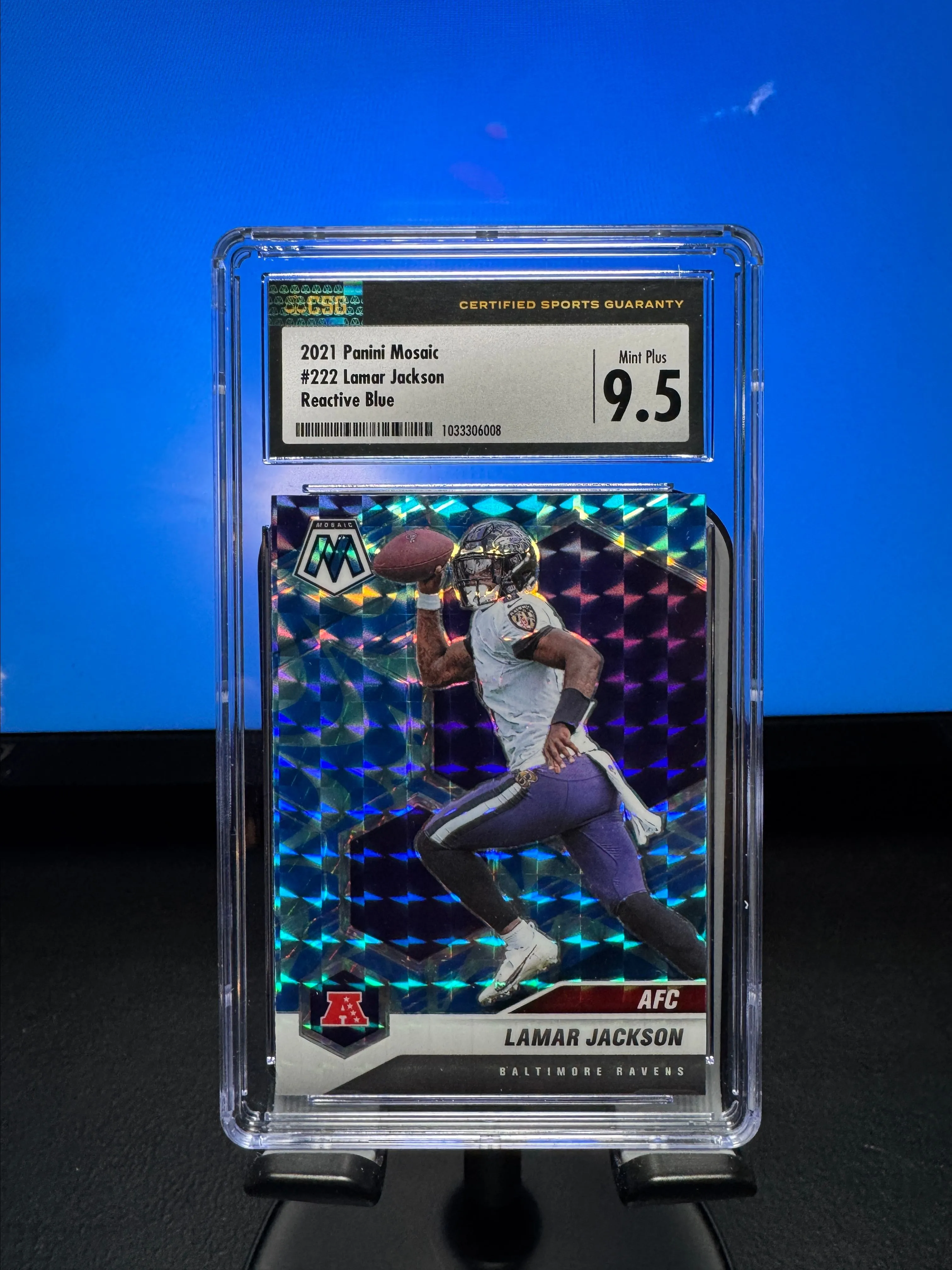 Product image for 2021 Mosaic Lamar Jackson Reactive Blue CSG 9.5 * Ravens