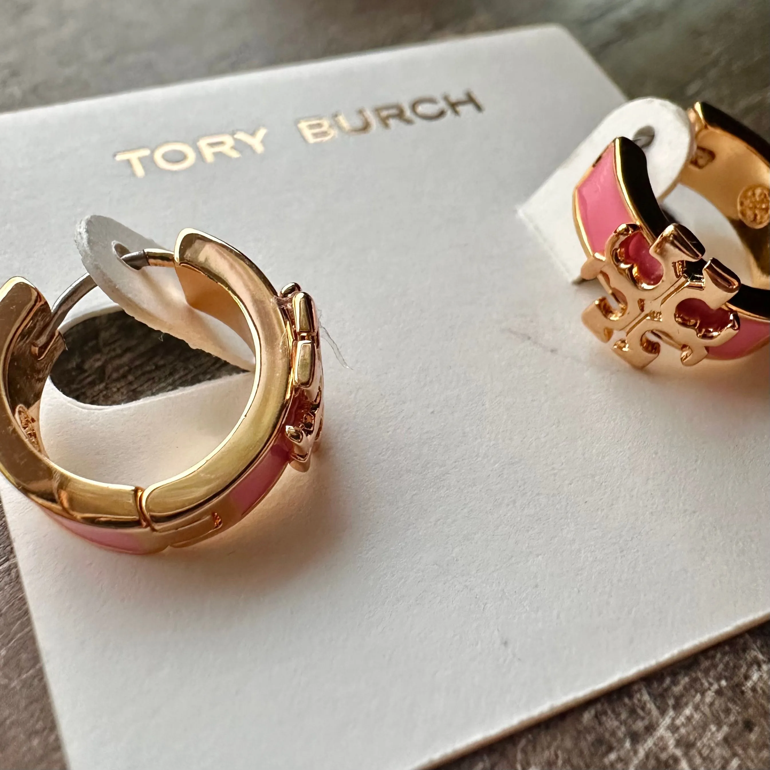 Product image for New Tory Burch Kira Enamel Huggie Hoop Earrings 18K Gold Plated w/ Earring card