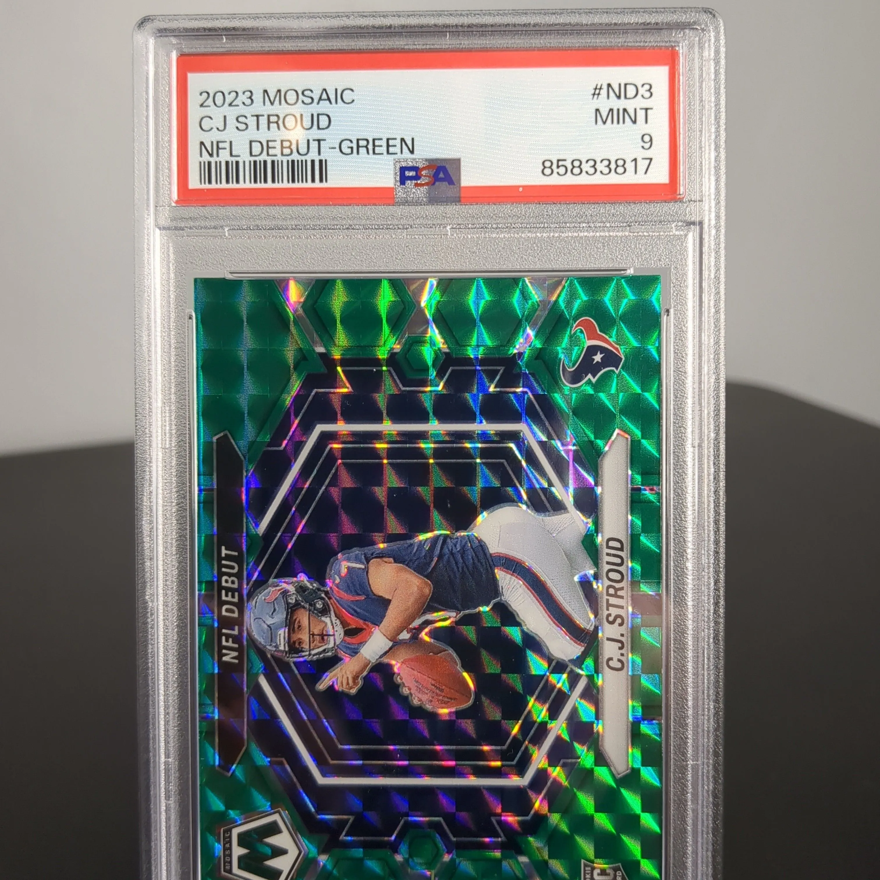 Product image for 2023 Panini Mosaic Nfl Debut Cj Stroud ND3 Nfl Debut-Green PSA MINT 9