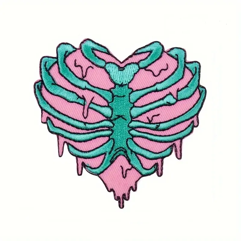 Product image for Pink Heart Skeleton Patch - Embroidered Iron-On Dripping Heart Rib Cage Patch