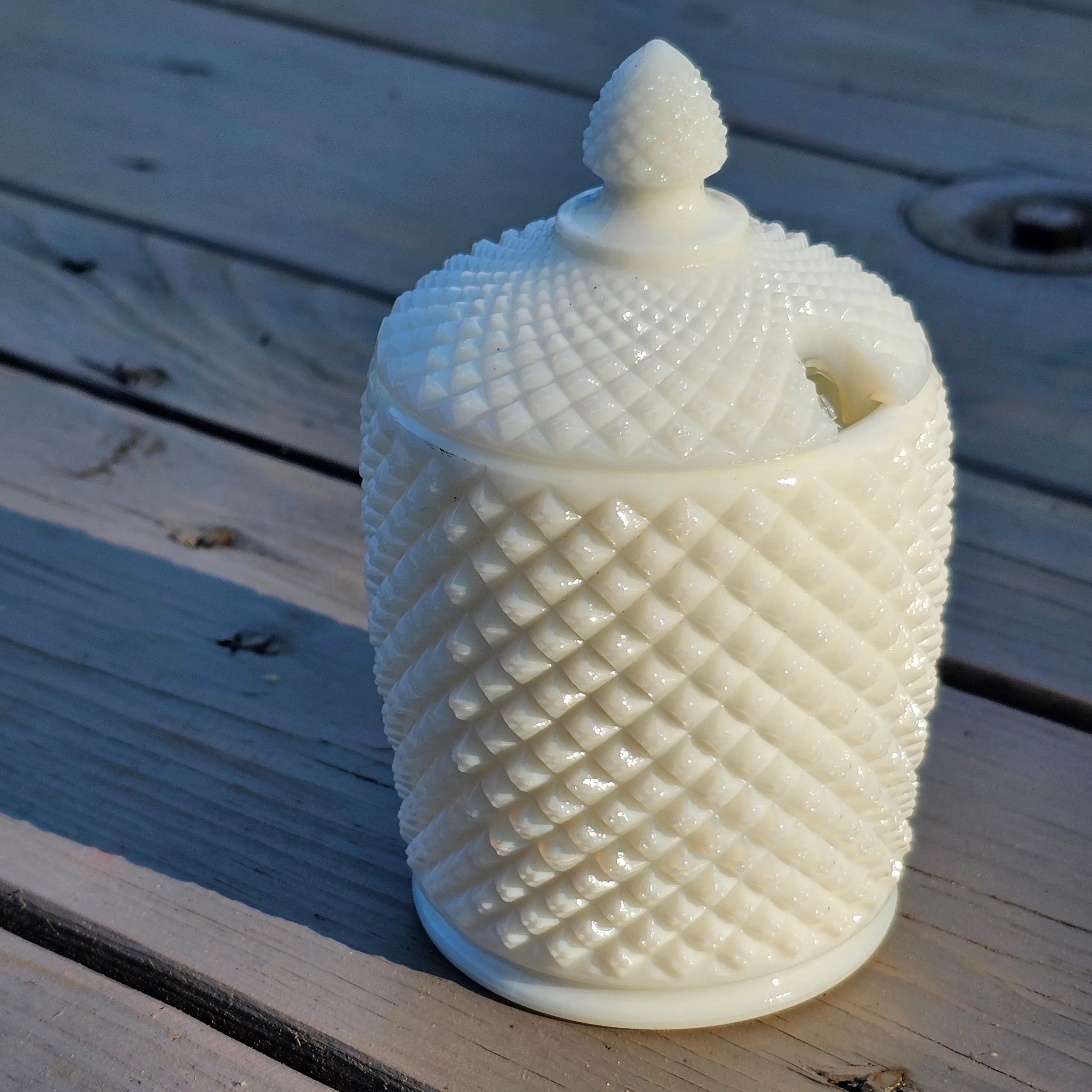 Product image for Milk Glass Jam jar some roughness around spoon opening 
