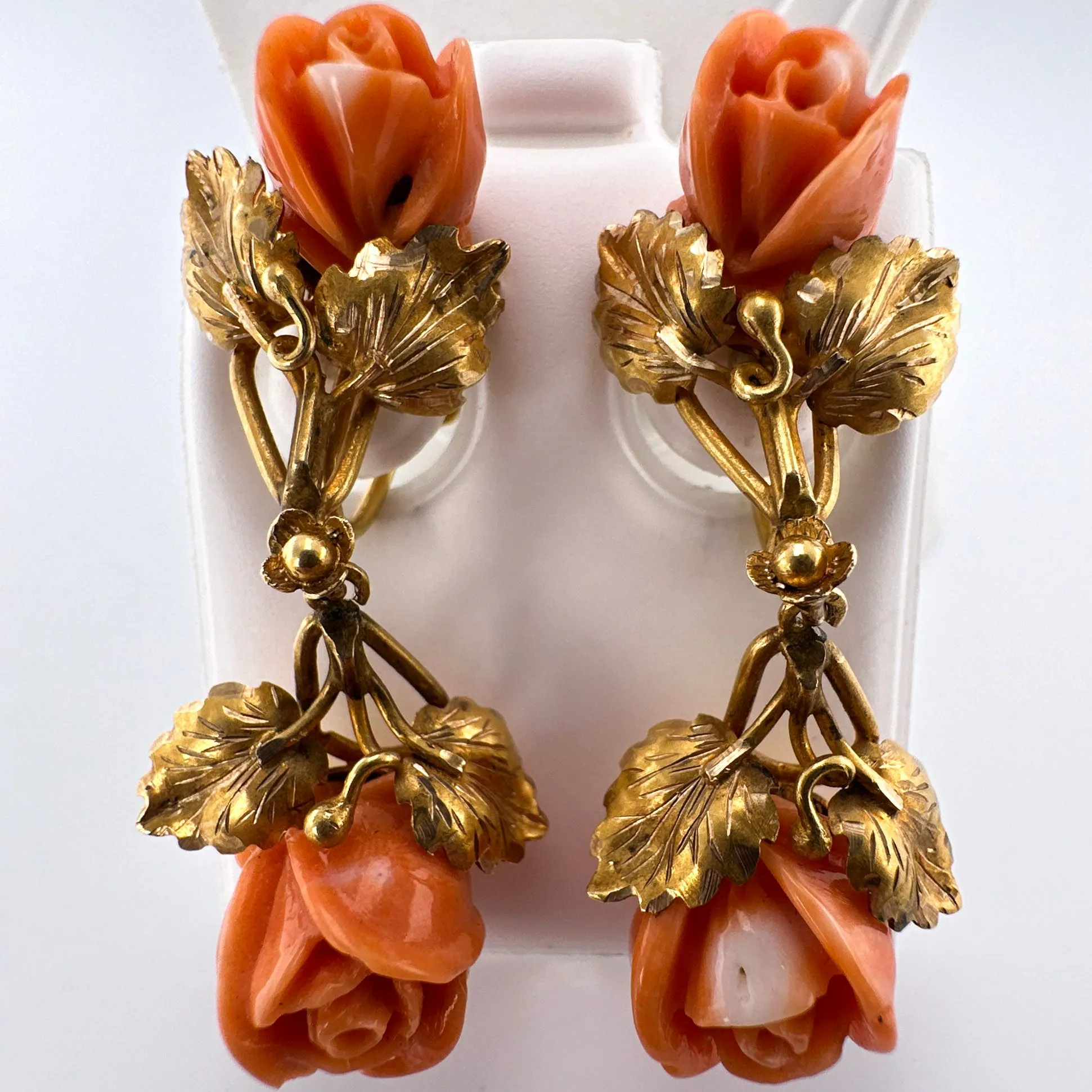 Product image for Antique 14k Signed Gold Carved Coral Rosettes Earrings (Clip On Screw Back) with Engraved Leaf Adornment 1 3/4" x 3/4"  YYW0031