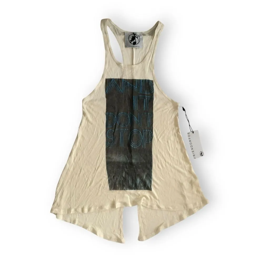 Product image for Friend or Foe And It Don't Stop Graphic Tank Top Cream NWT FLAWED Size Small