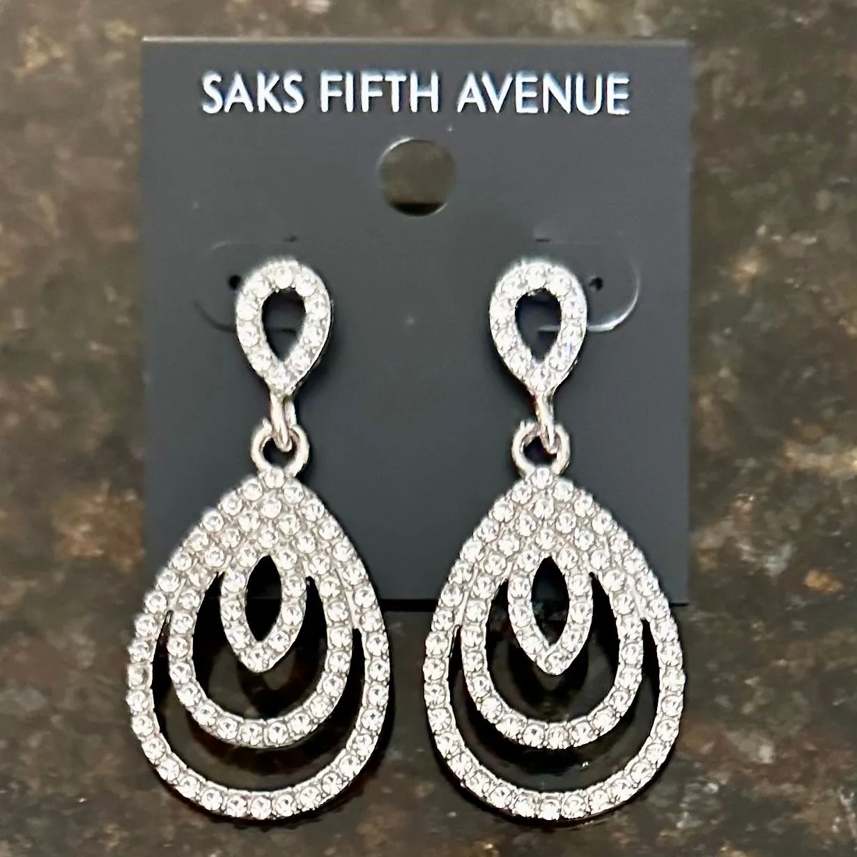 Product image for New silver and Crystal Drop Earrings from Saks Fifth Ave on Earring Card