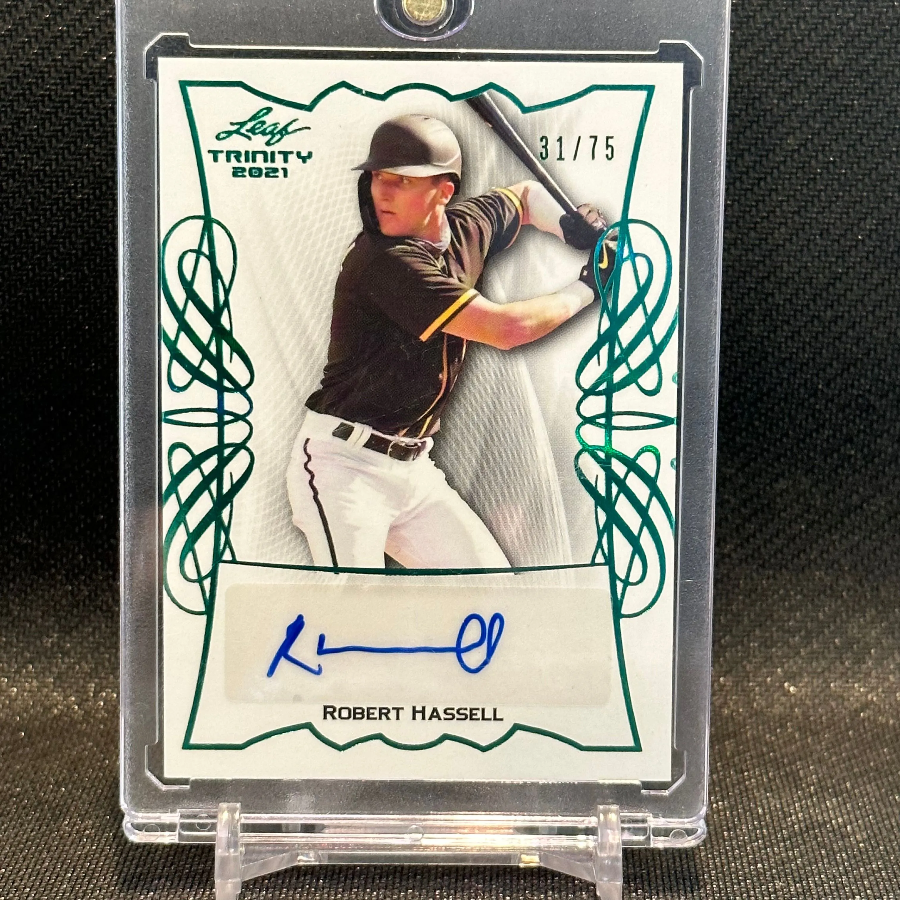 Product image for 2021 LEAF TRINITY GREEN AUTO /75 - ROBERT HASSELL - MLB Rookie Padres RC