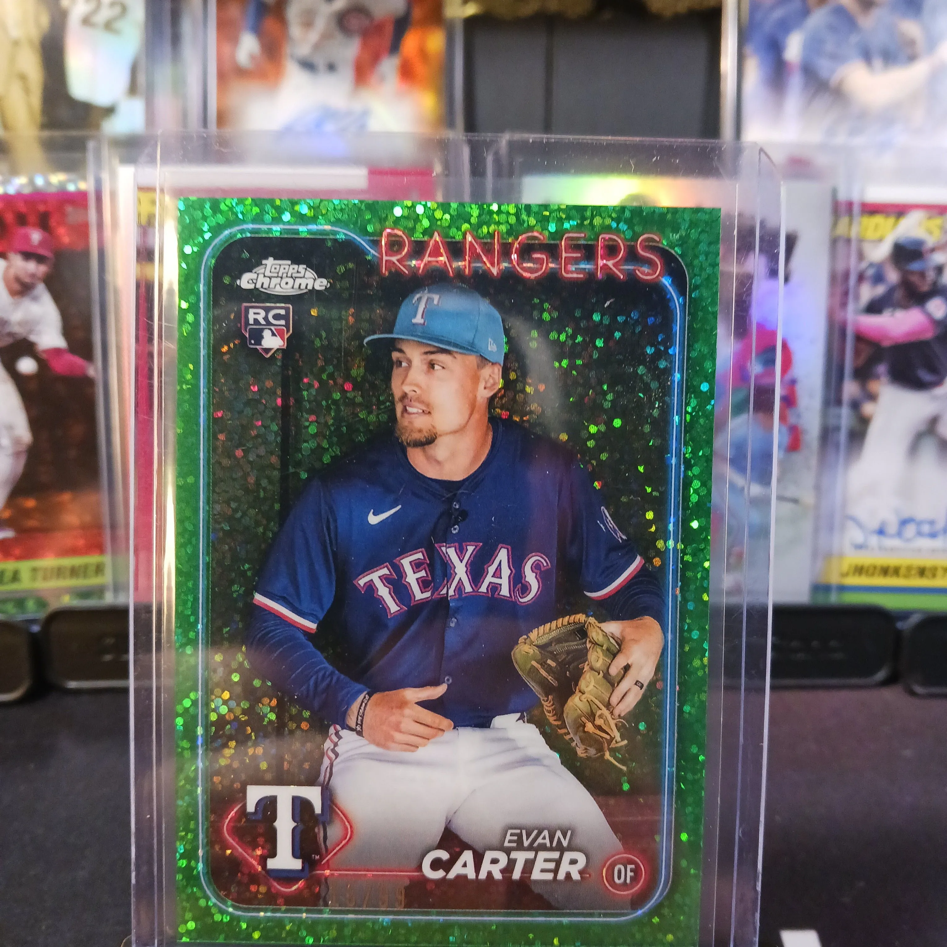 Product image for Evan Carter Image Variation Green Speckle /99 RC Topps Chrome 2024 Rangers SSP