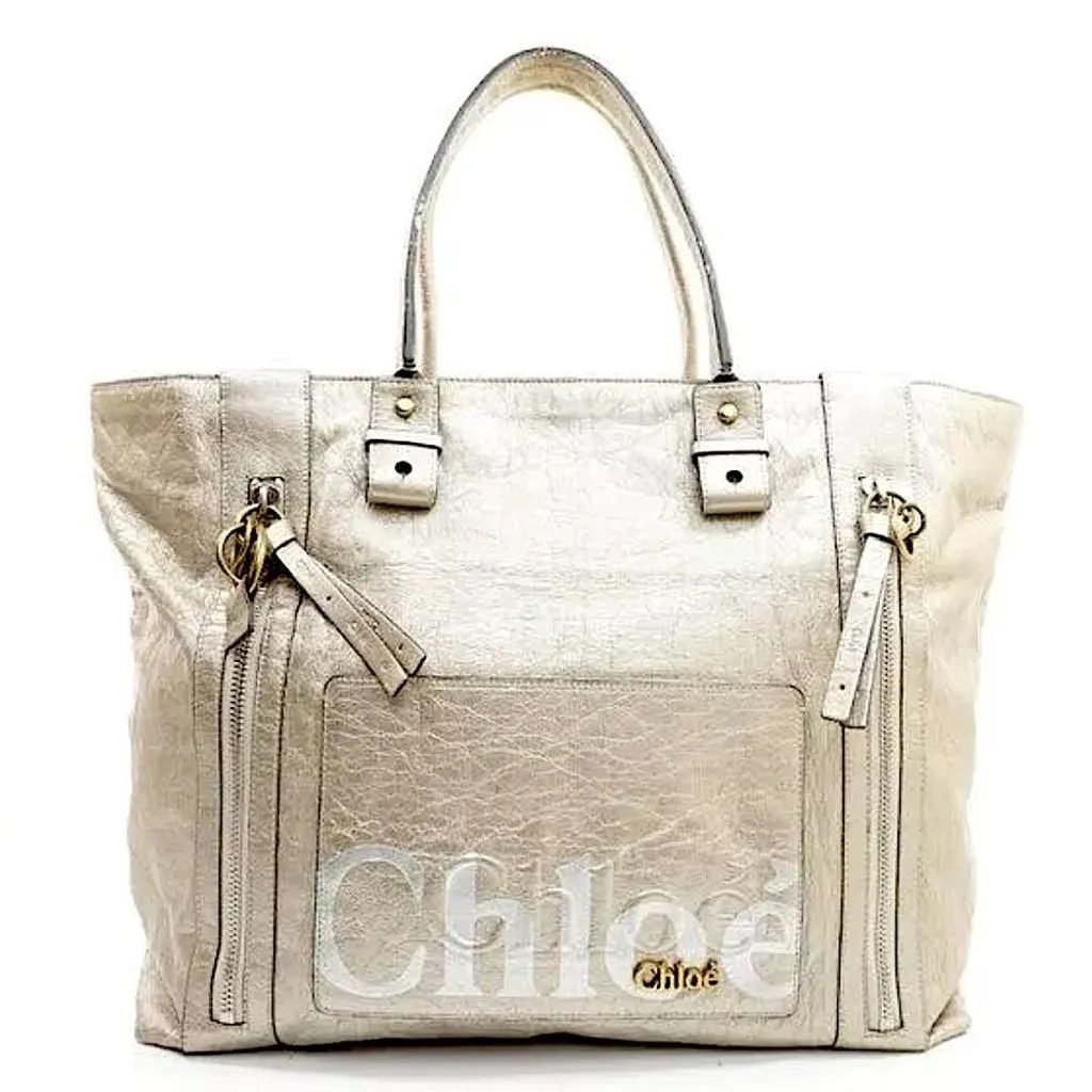 Product image for CHLOE Eclipse Oversized Ivory Silver Gold Tote Shoulder Bag Exterior Zip Pockets