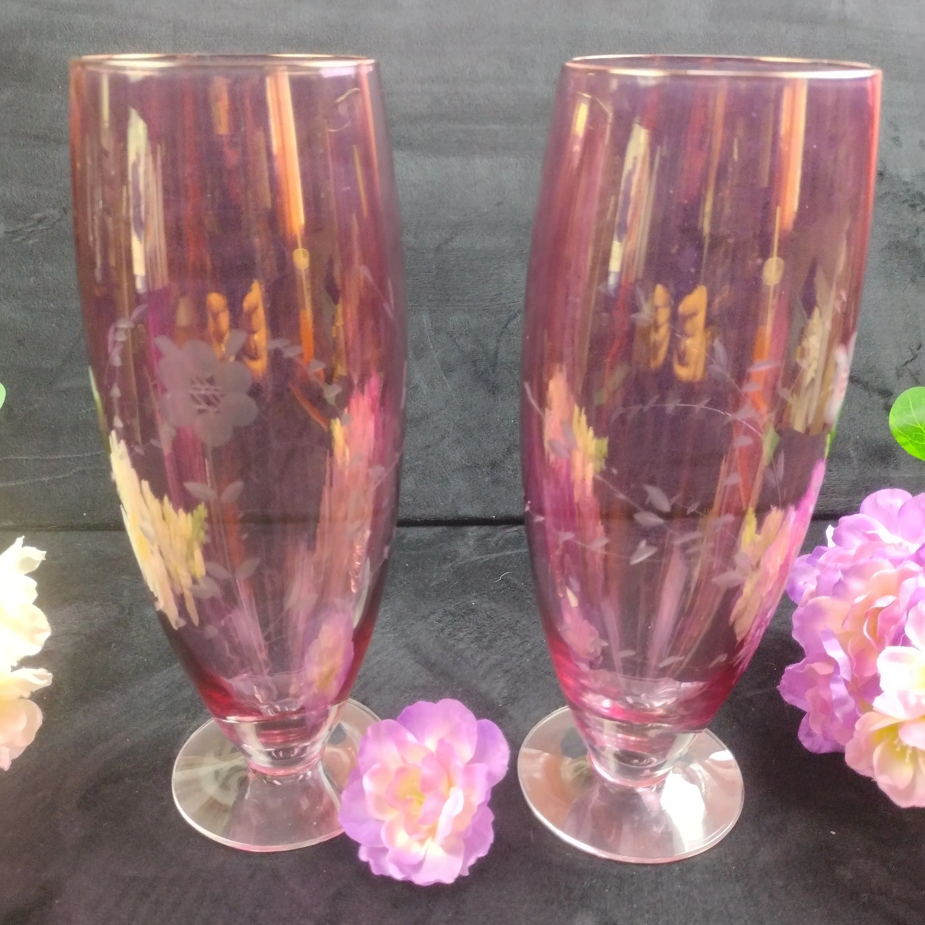 Product image for Pink Etched Glass Pedestal Vase Mid-Century Hand Blown Art Glass Vintage Antique