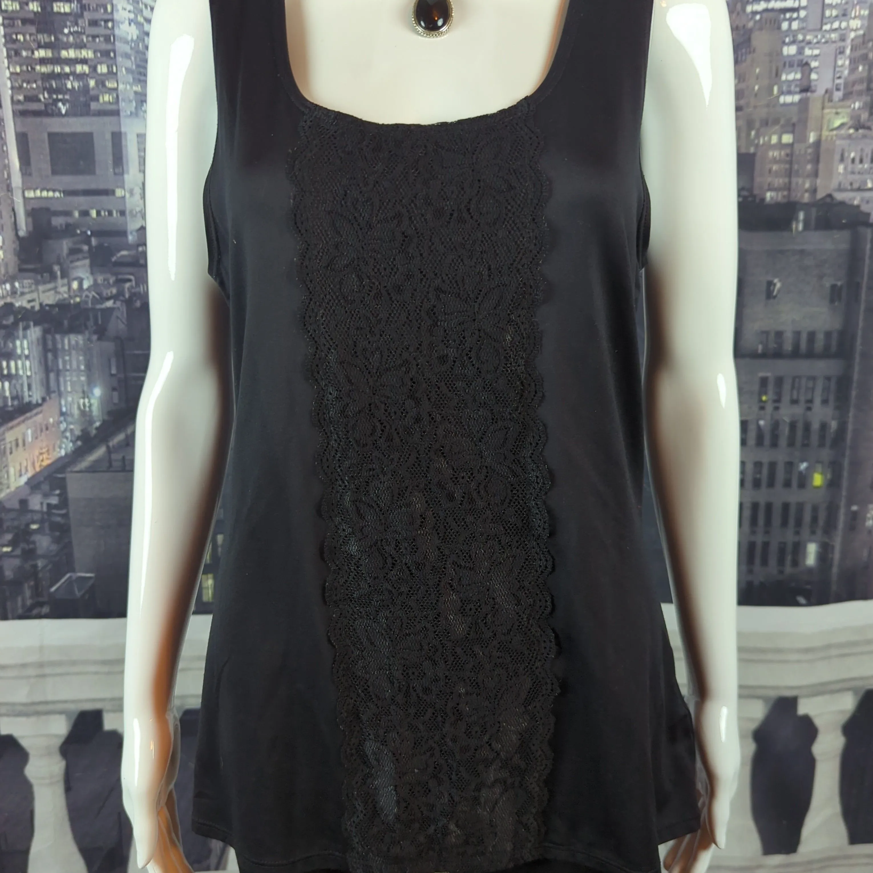Product image for Van Heusen sz L Fitted Lace Trim Front Dressy Nylon Tank Top