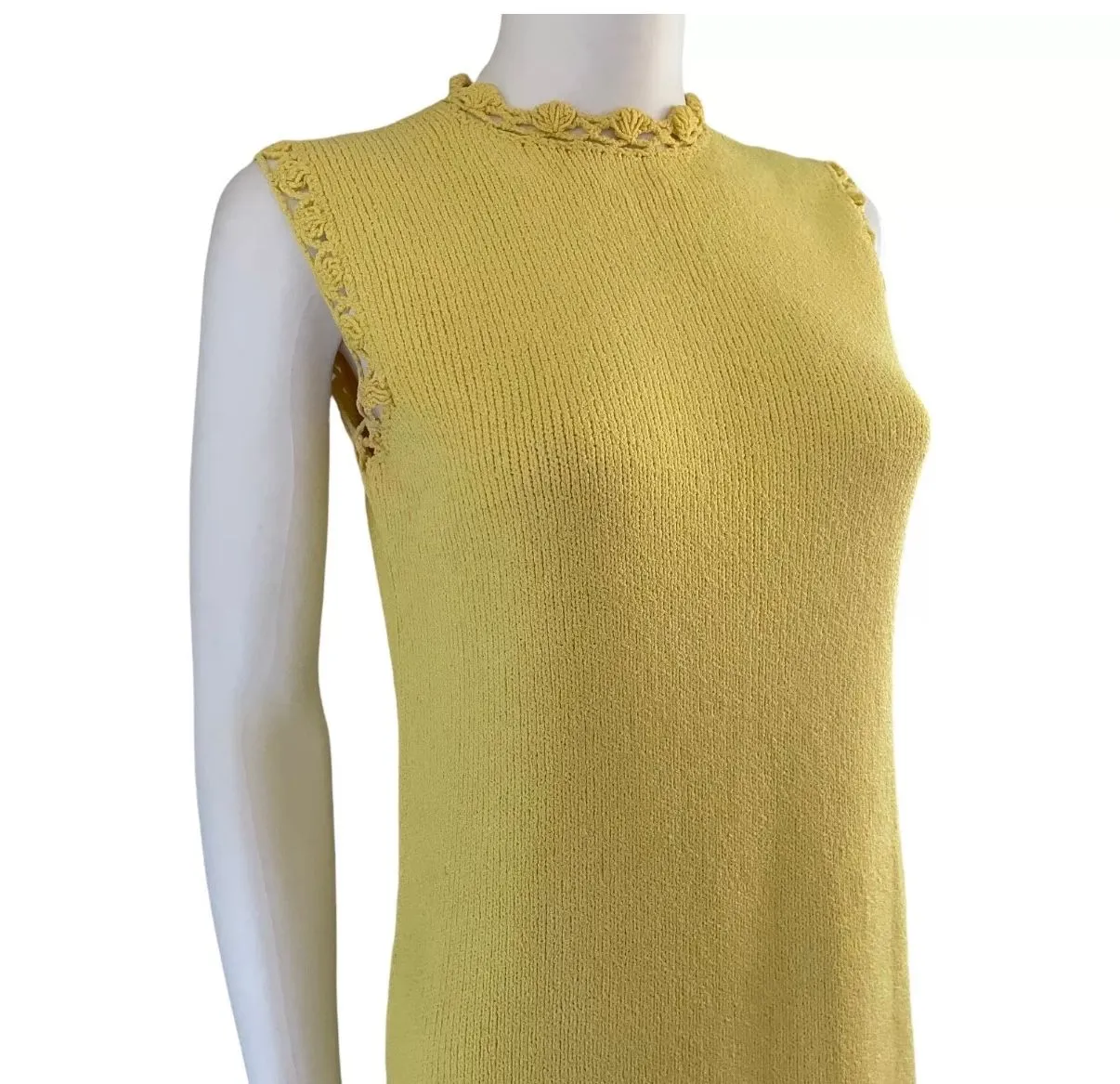Product image for 1960 Vintage St. John Knits Mod Dress, Yellow, Crocheted Trim, Sleeveless