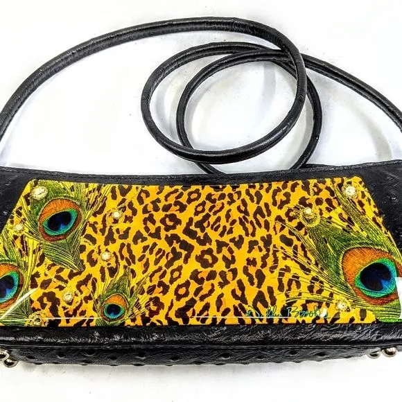 Product image for Debbie Brooks Black Leather Interchangeable Strap Handbag Leopard Peacock