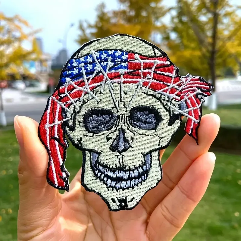 Product image for Punk Skull Headband Patch - Embroidered Iron-On American Flag Design Patch, Patriotic
