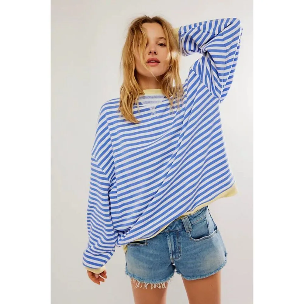 Product image for Free People Classic Striped Oversized Crewneck Cobalt Combo NWOT Size XL