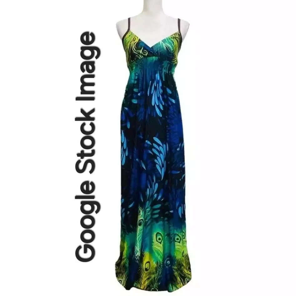 Product image for BAILEY BLUE Tropical Peacock Feather Print Maxi Dress Sz Large