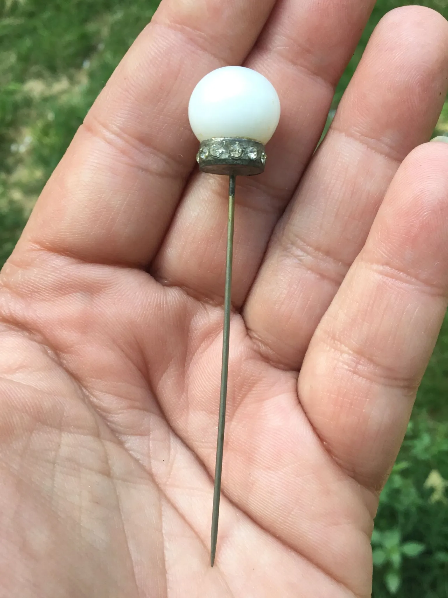 Product image for 11. Antique Milk Glass & Rhinestone Hat Pin Stick Pin