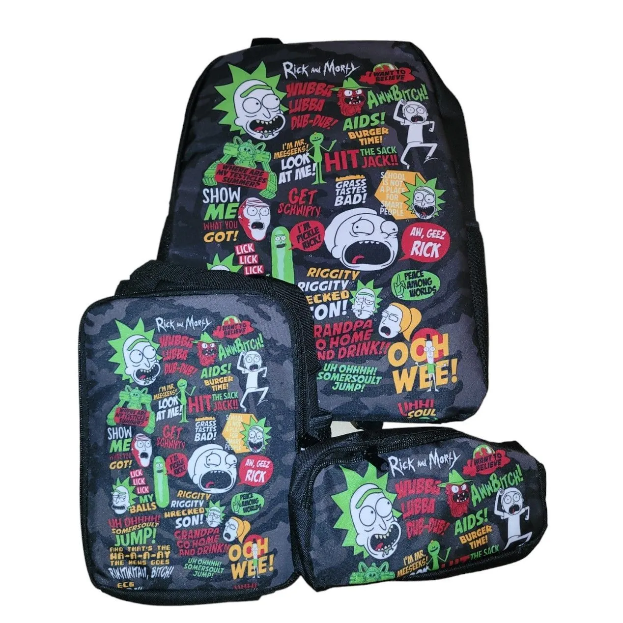 Product image for Rick & Morty Greatest Quotes and Memes  3 pc set Backpack, Lunch Box, Pencil Case Set NEW