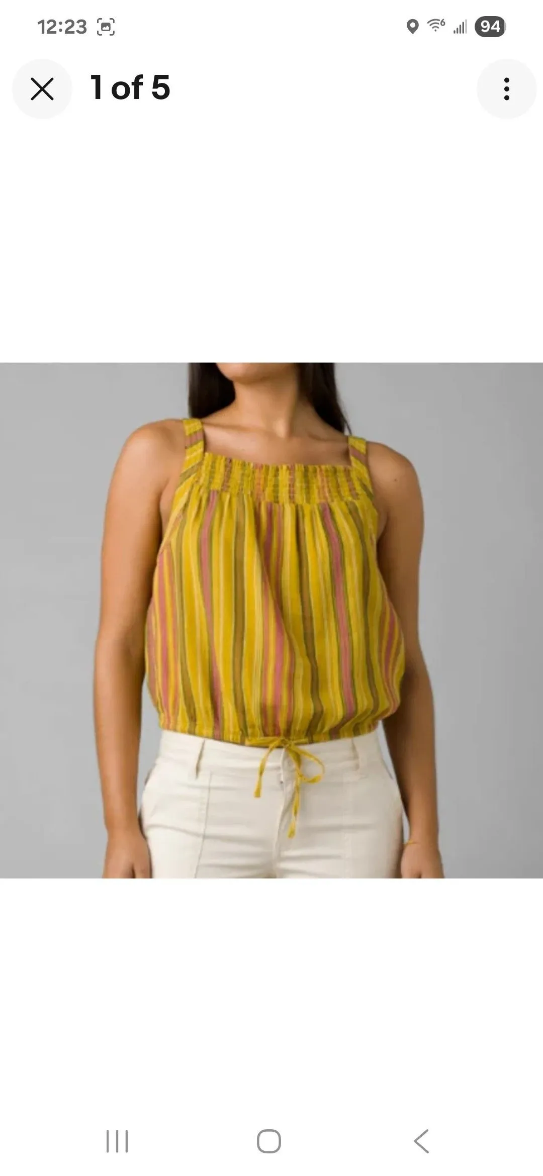 Product image for 048. Size M NWT PrAna Smocked Sleeveless Tie Little Palm Stripe Cami Crop Top