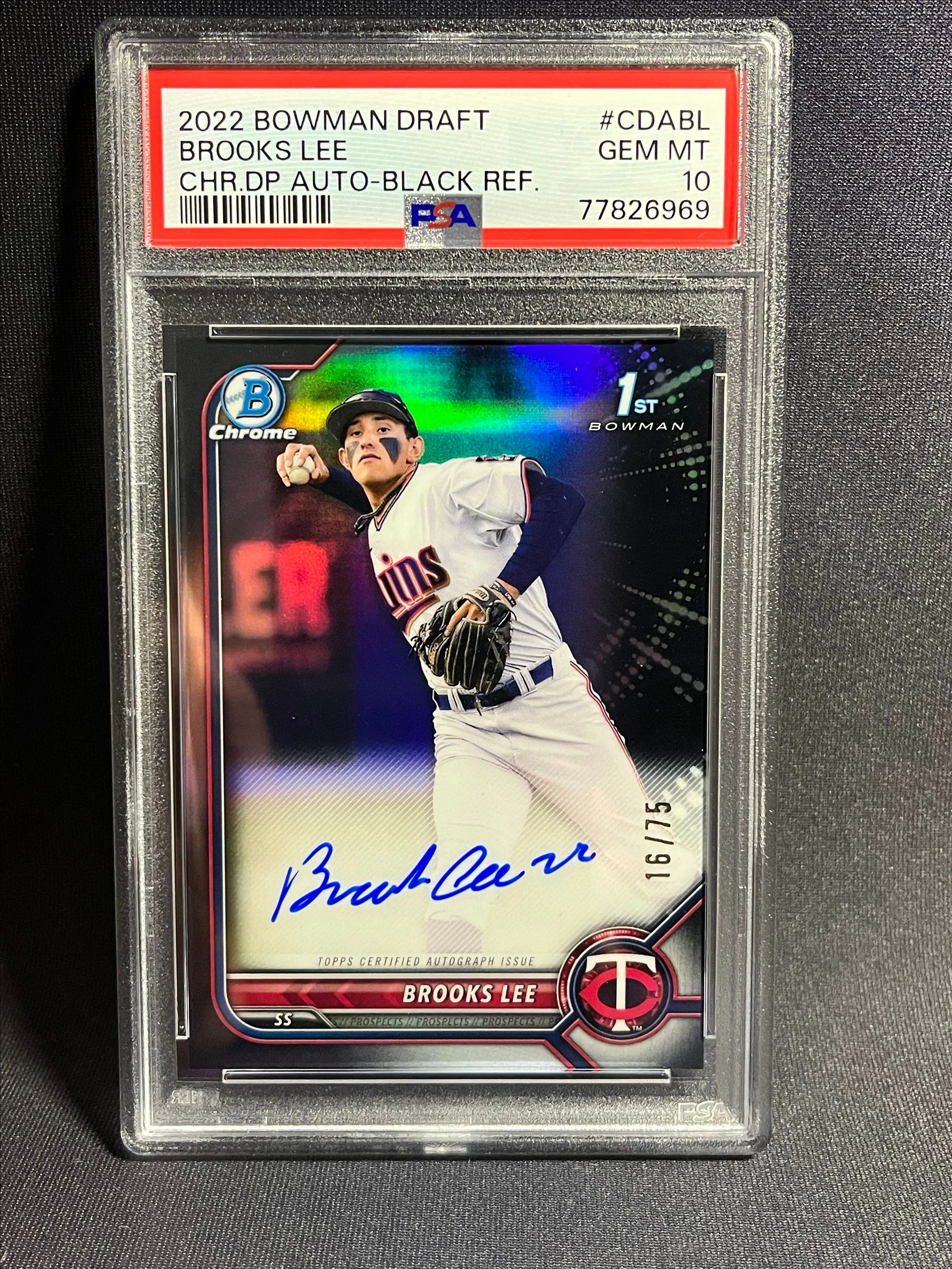 Product image for 2022 Bowman Draft Brooks Lee 1st Auto BLACK /75 PSA 10 COLOR MATCH
