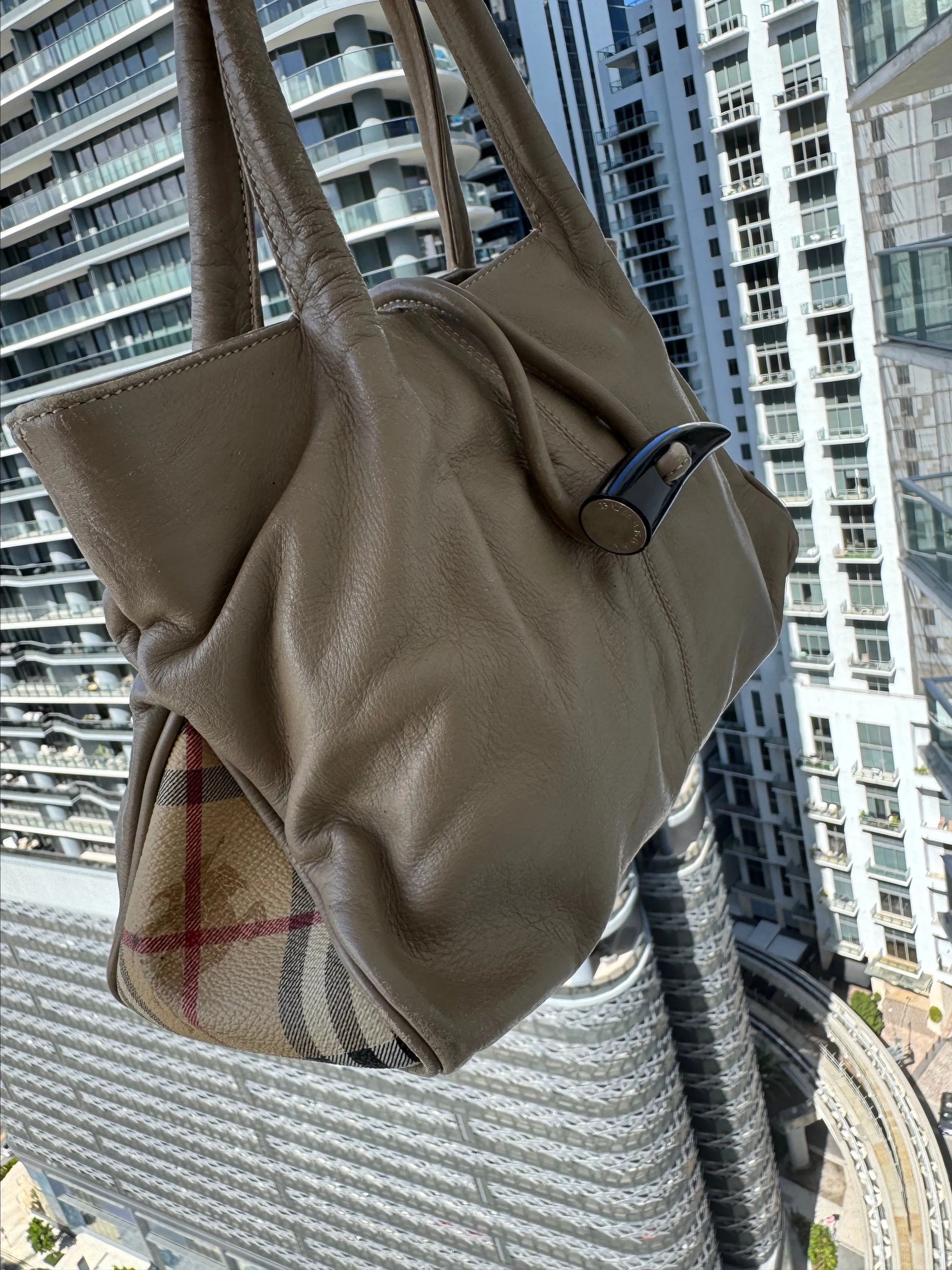 Product image for 10. Burberry Leather Nova Check Toggle Tote Bag