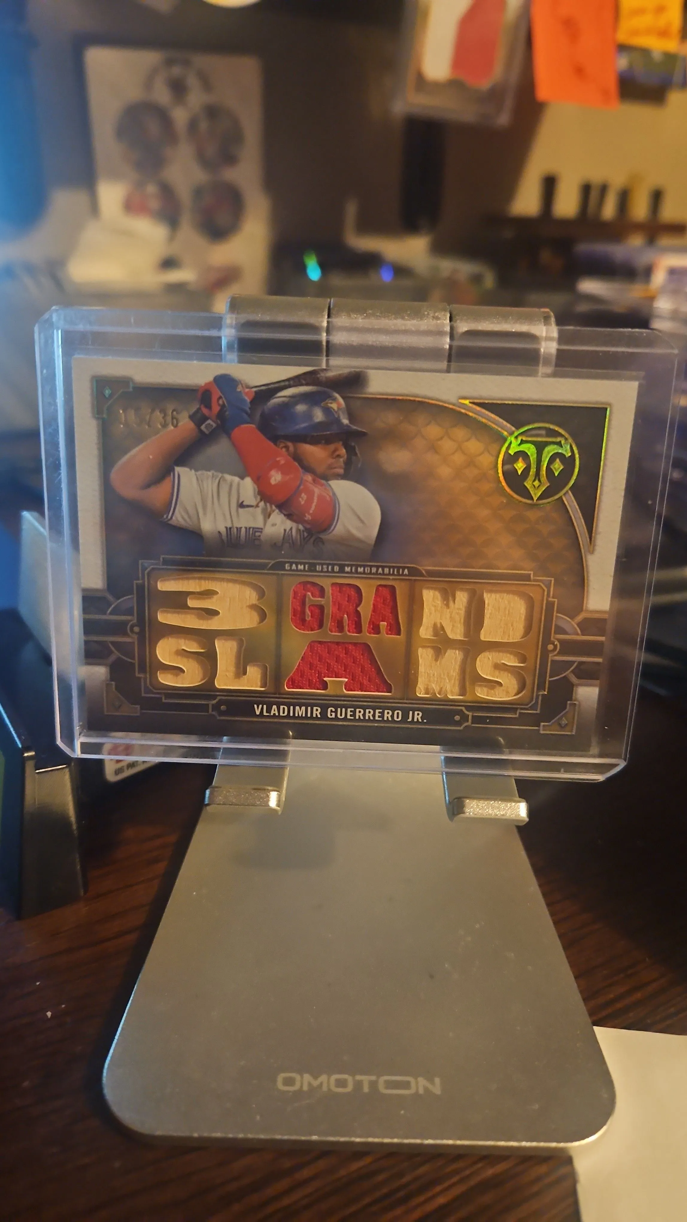 Product image for Vladimir Guerrero Jr Multi Mem Card..#d 15/36...2022 Topps Tribute..."3 Grand Slams"...Blue Jays