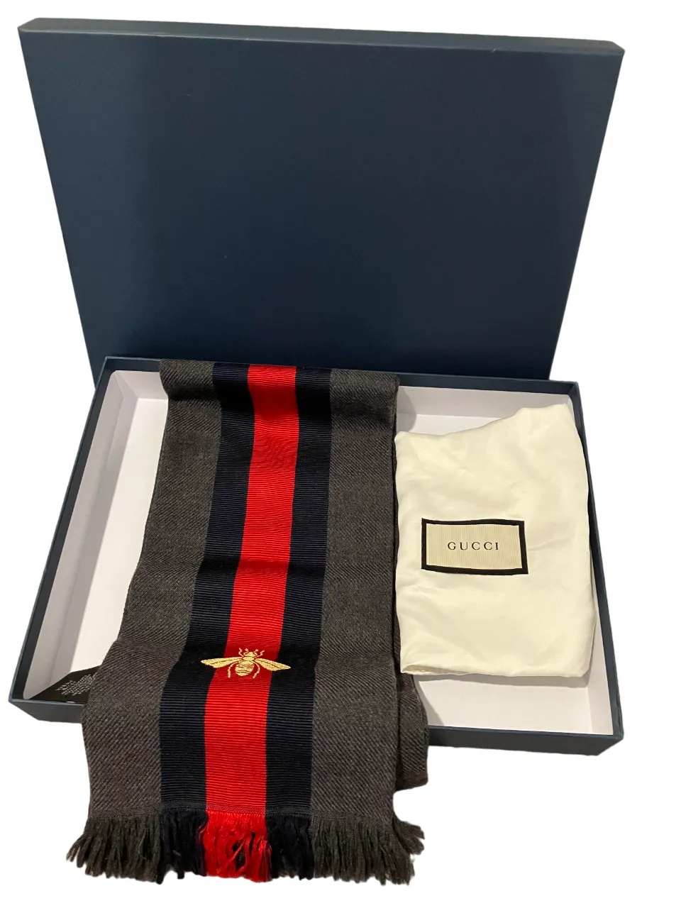 Product image for Gucci Wool Silk Web Bee Scarf Grey