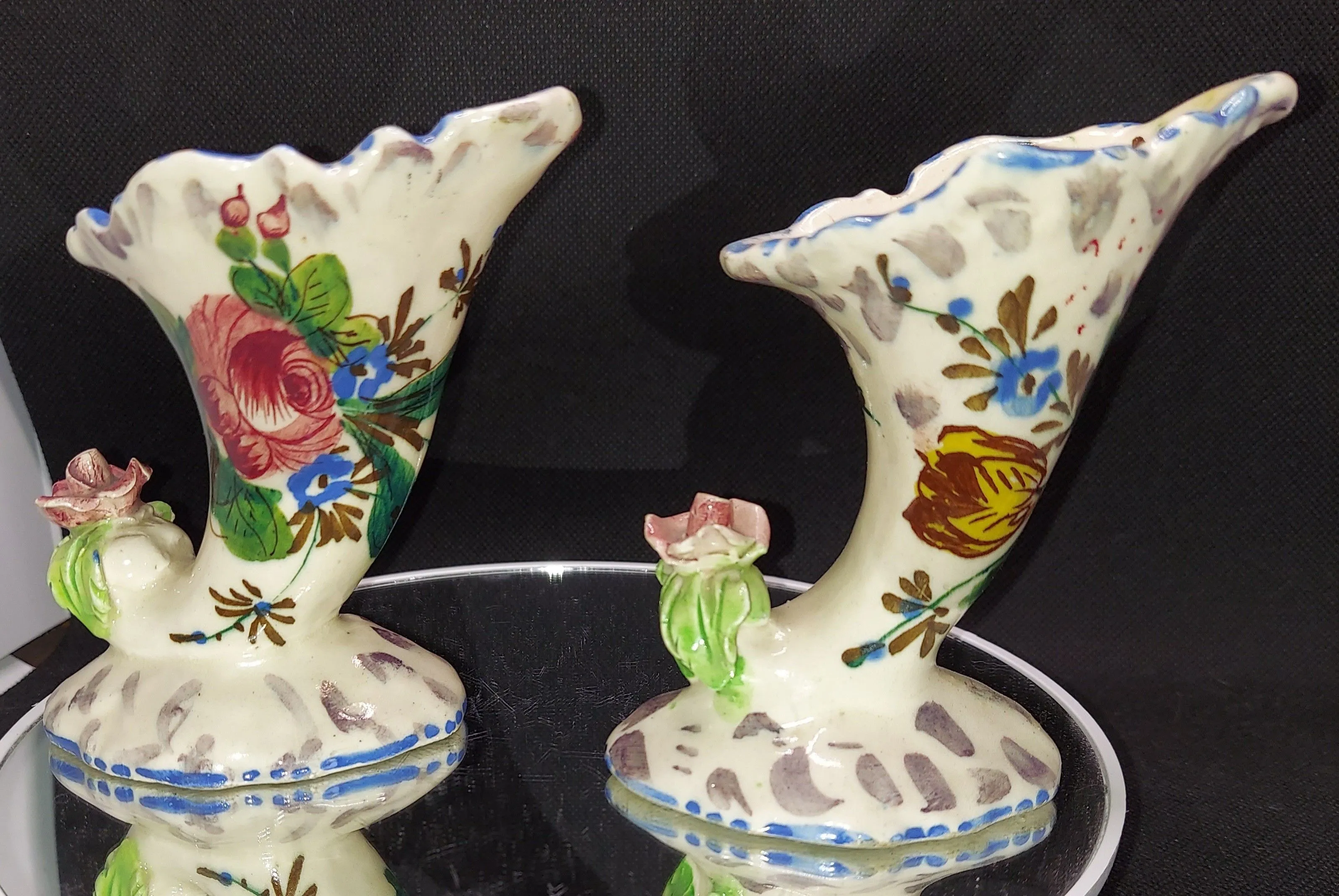 Product image for Vintage Floral Roses Cornucopia Vase Set Italian Pottery Cottage Core Succulents