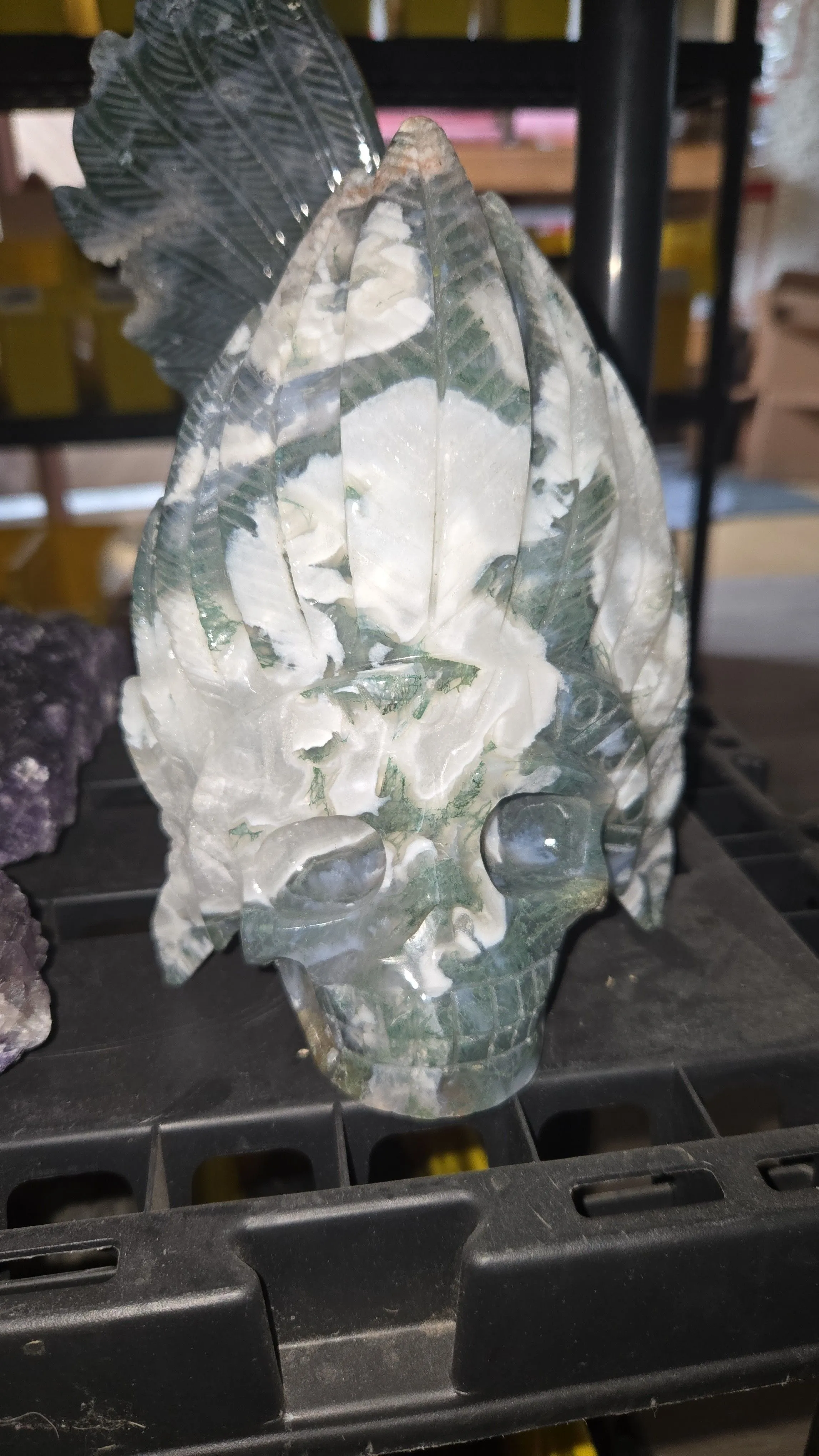 Product image for 2.5lb moss agate Indian chief skull