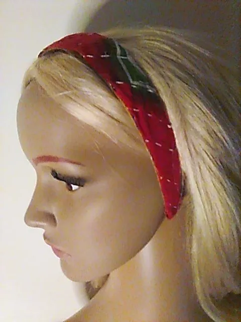 Product image for H502. Kantha Headband Hard Surface Red/Green OS Raw Edges Upcycled New