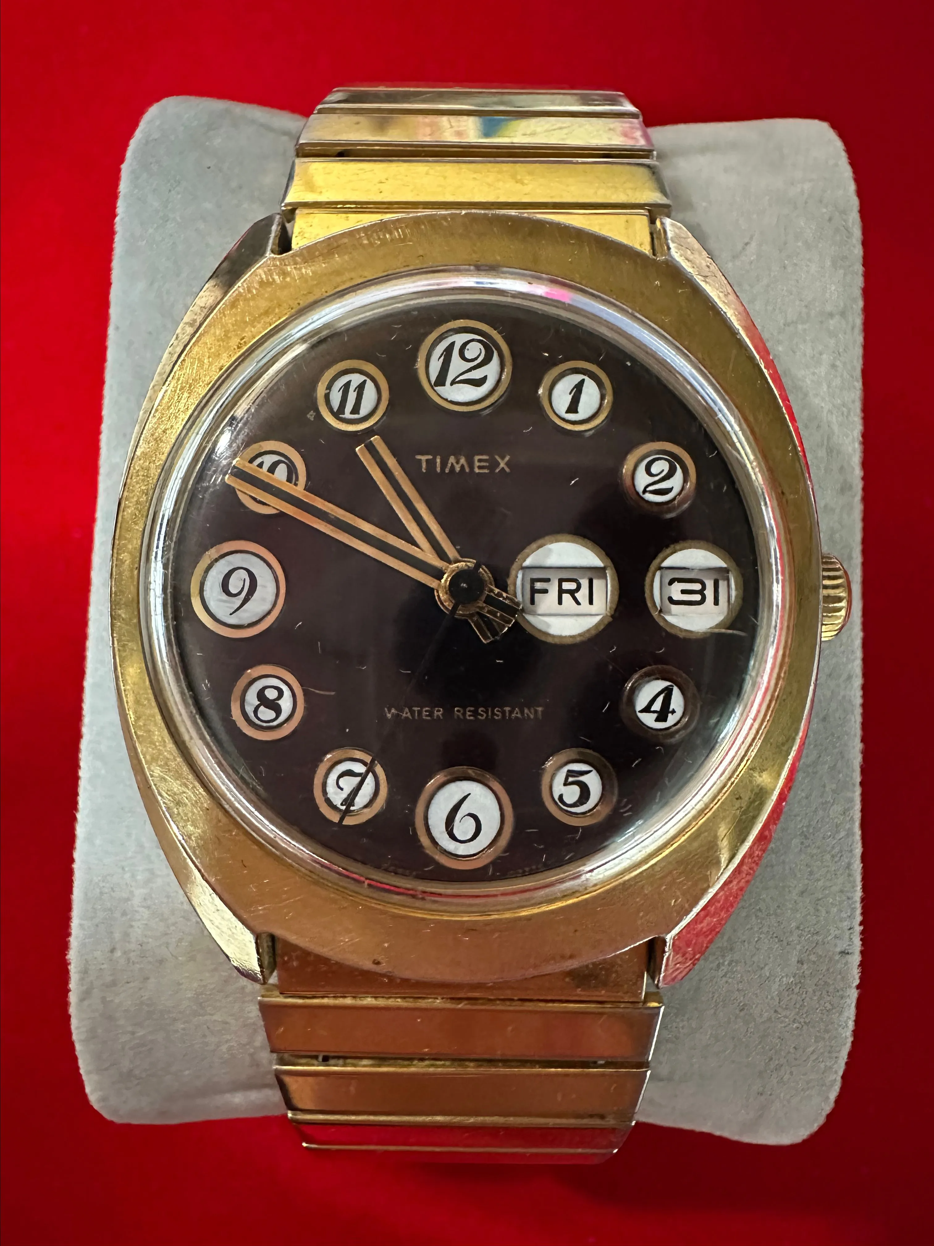 Product image for Men’s Timex brown telephone dial day-date at 3 o’clock gold tone watch